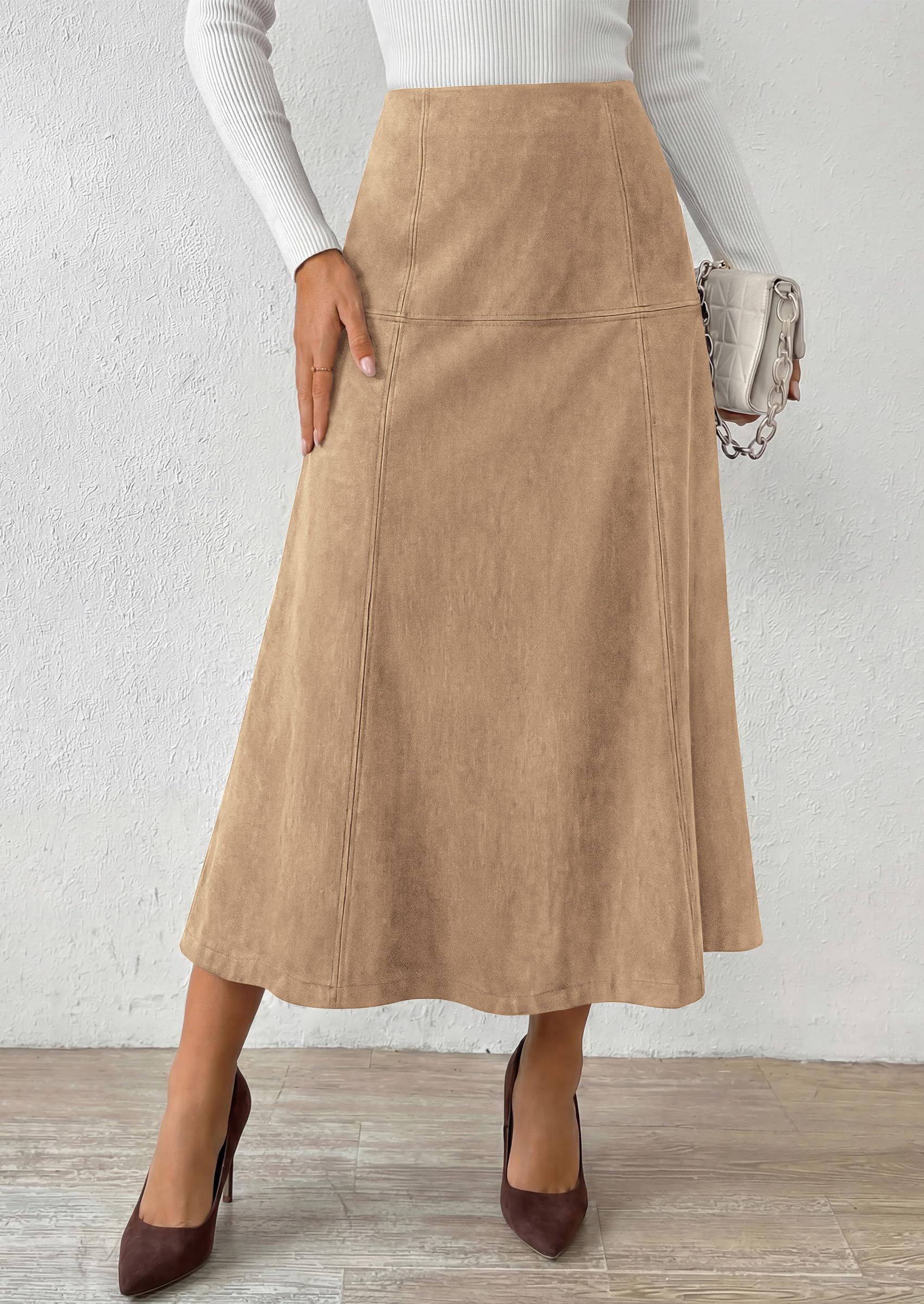 Womens High Waist Faux Suede A Line Midi Skirt,Apricot,S