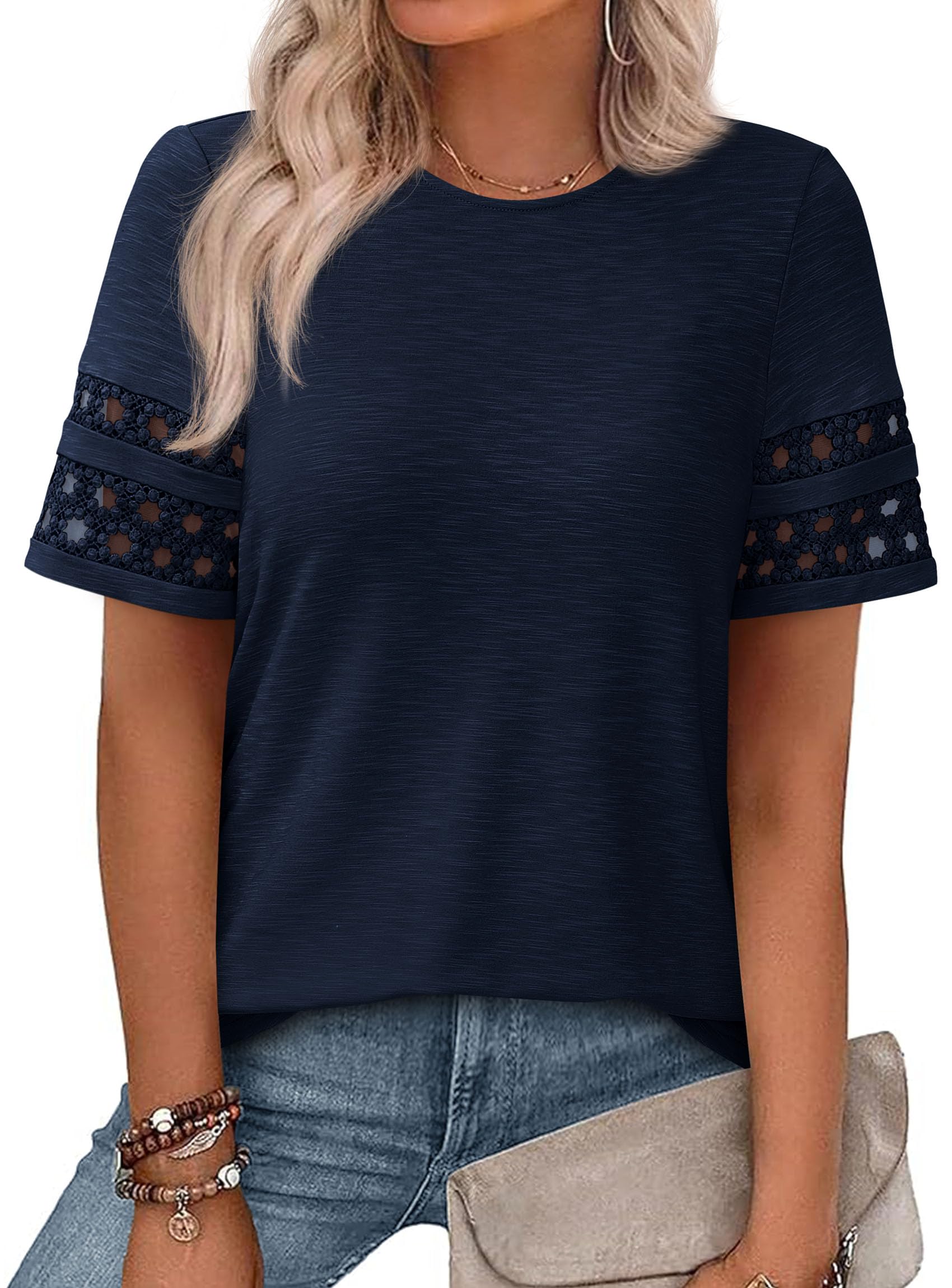 Women's Summer Short Sleeve Lace Trim T-Shirts,Navy Blue,S