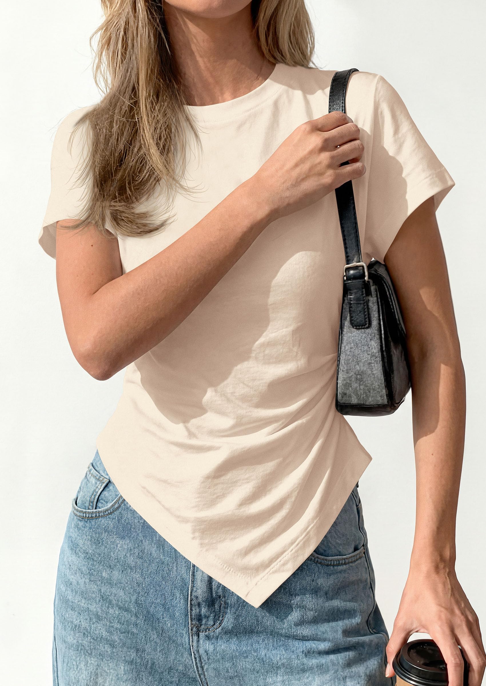 Womens Asymmetrical Summer Short Sleeve Tops,Beige,XS