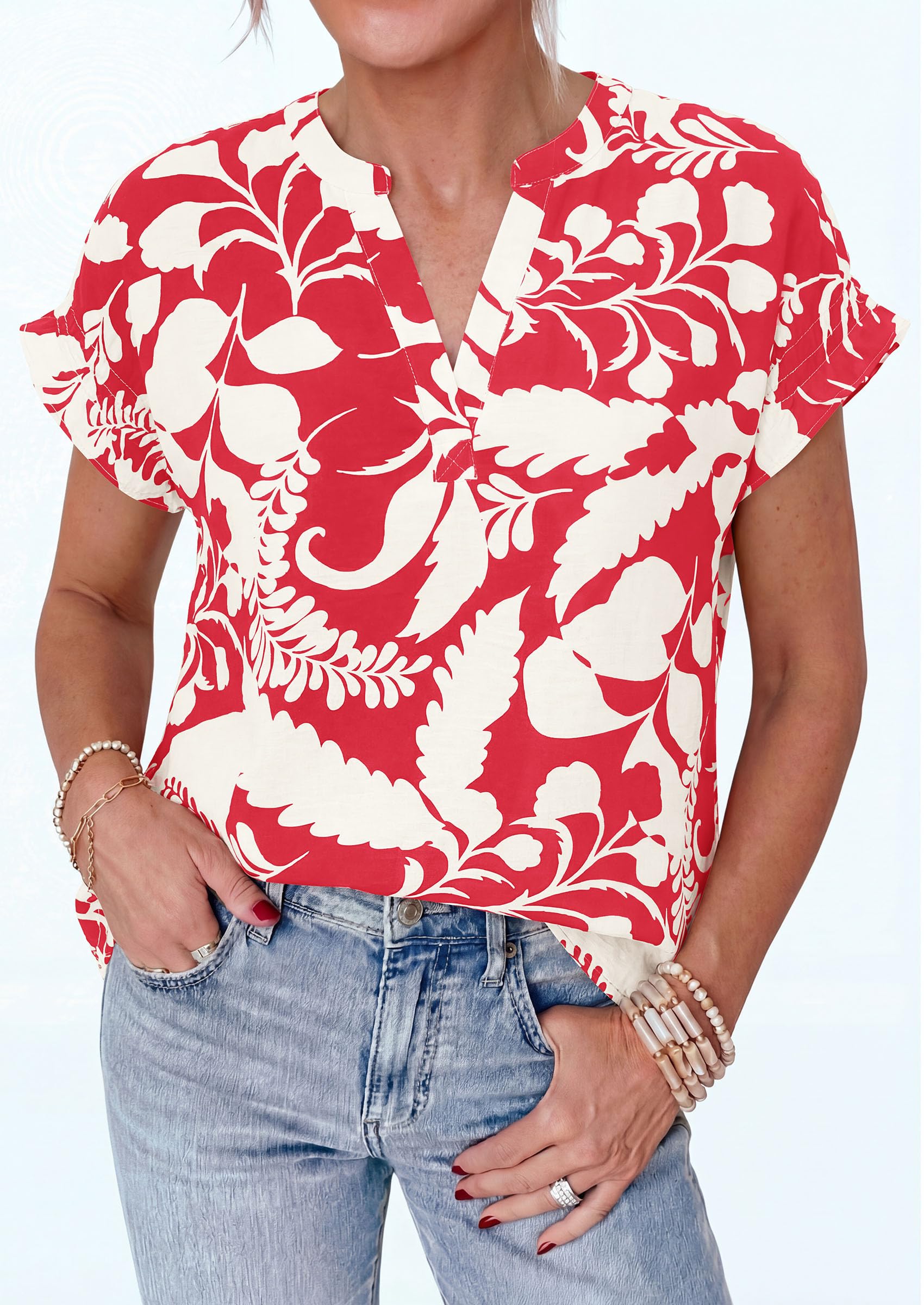 Womens Floral Short Sleeve Blouses,Floral Red White,S