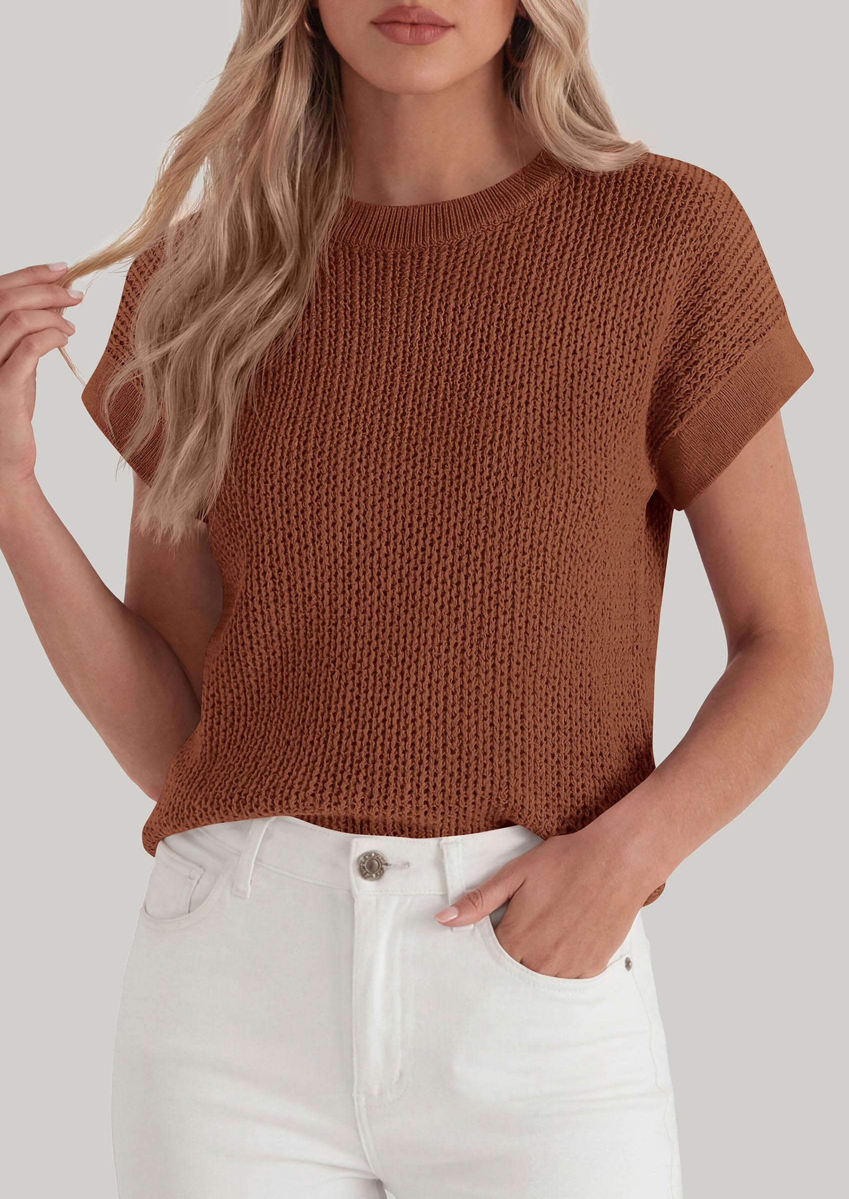 Women's Summer Sweater Vest Crochet Tops (Brown,S)