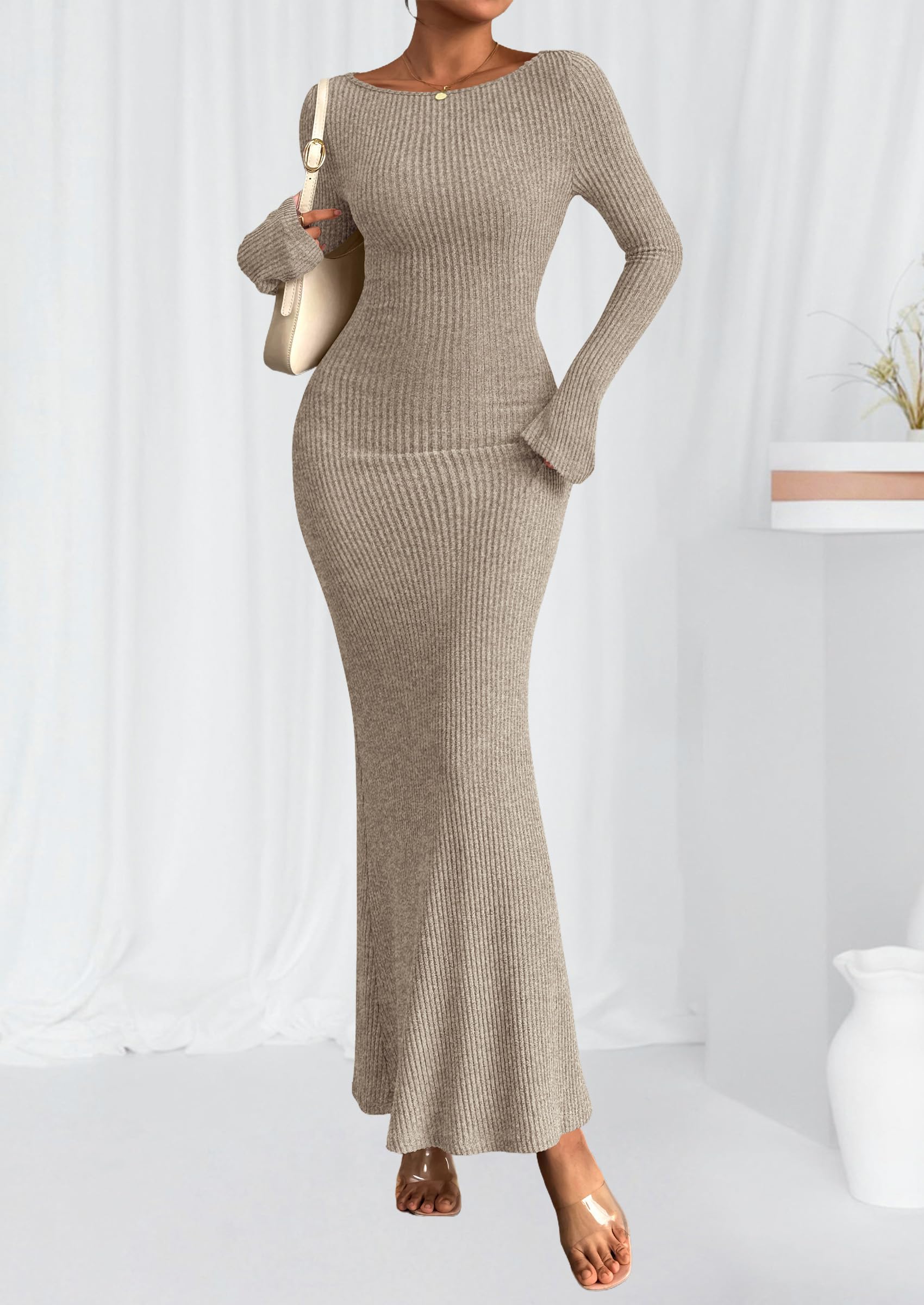 Women's Fall Long Sleeve Bodycon Maxi Dresses (Apricot,XS)