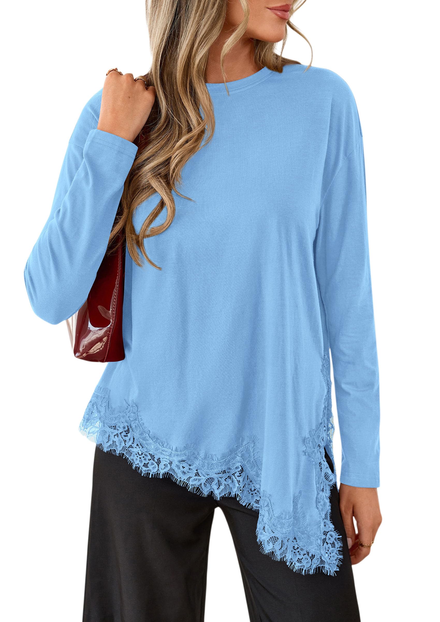 Women's Long Sleeve Asymmetrical Lace Tops Oversized Tshirts