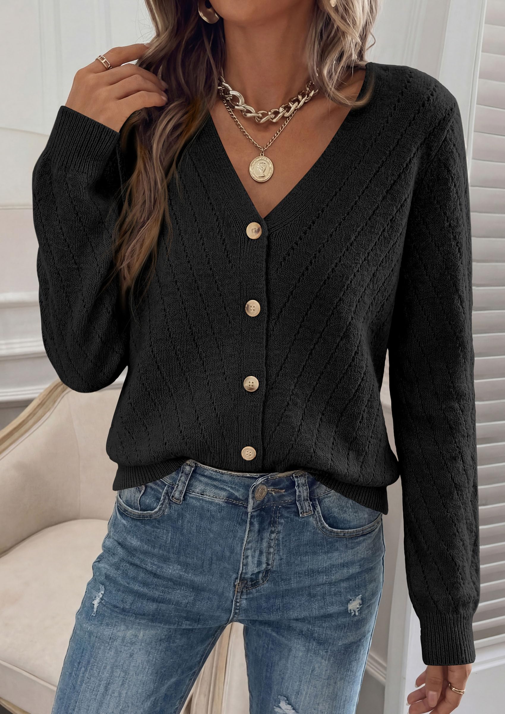 Women's Cozy Cardigan Sweater with Button (Black,S)