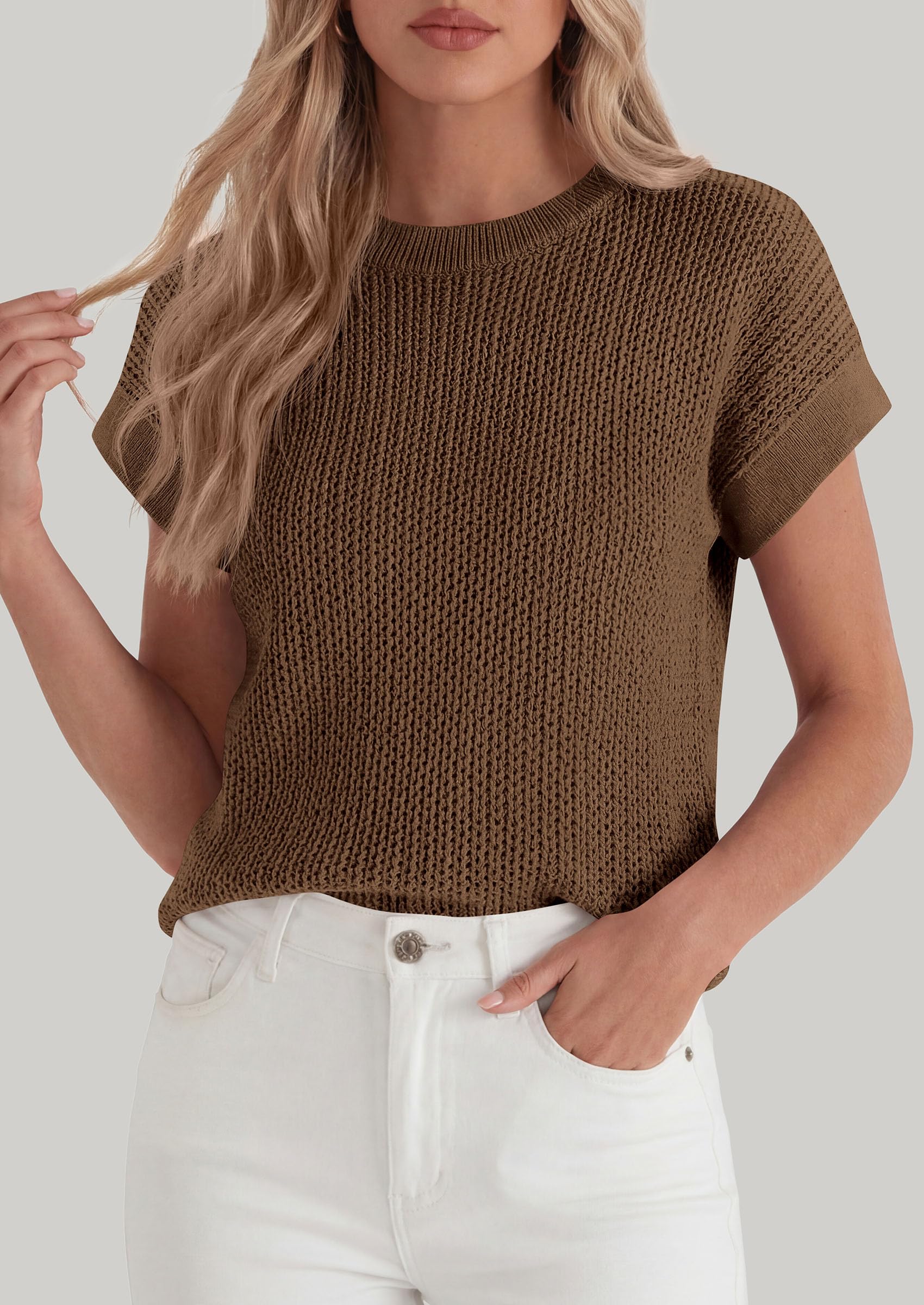 Women's Summer Sweater Vest Crochet Tops (Coffee,S)