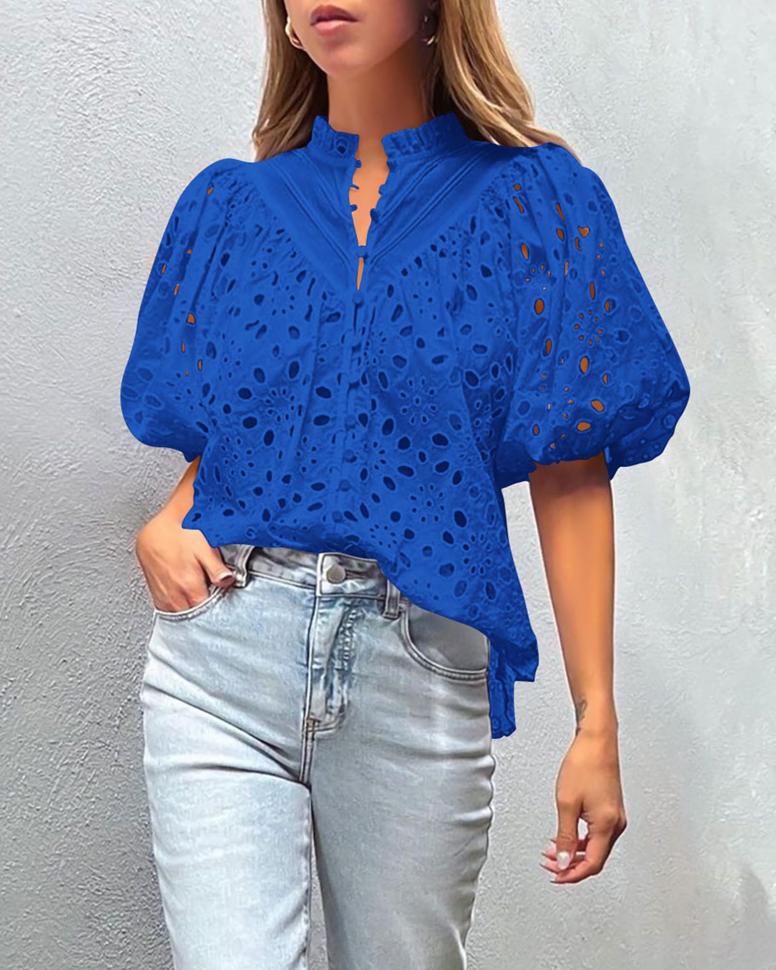 Womens Tops Boho Eyelet Puff Sleeve Blouse, Blue,S