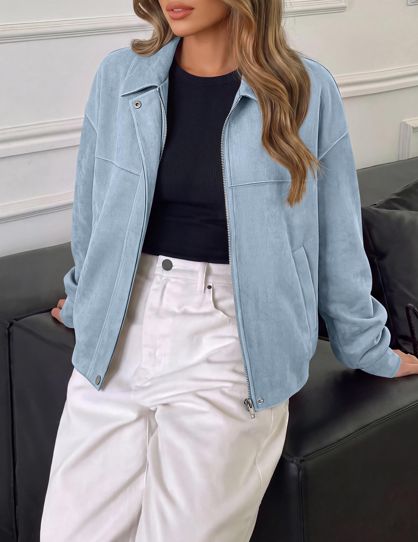 Women's Faux Suede Cropped Fall Jackets,Light Blue,S
