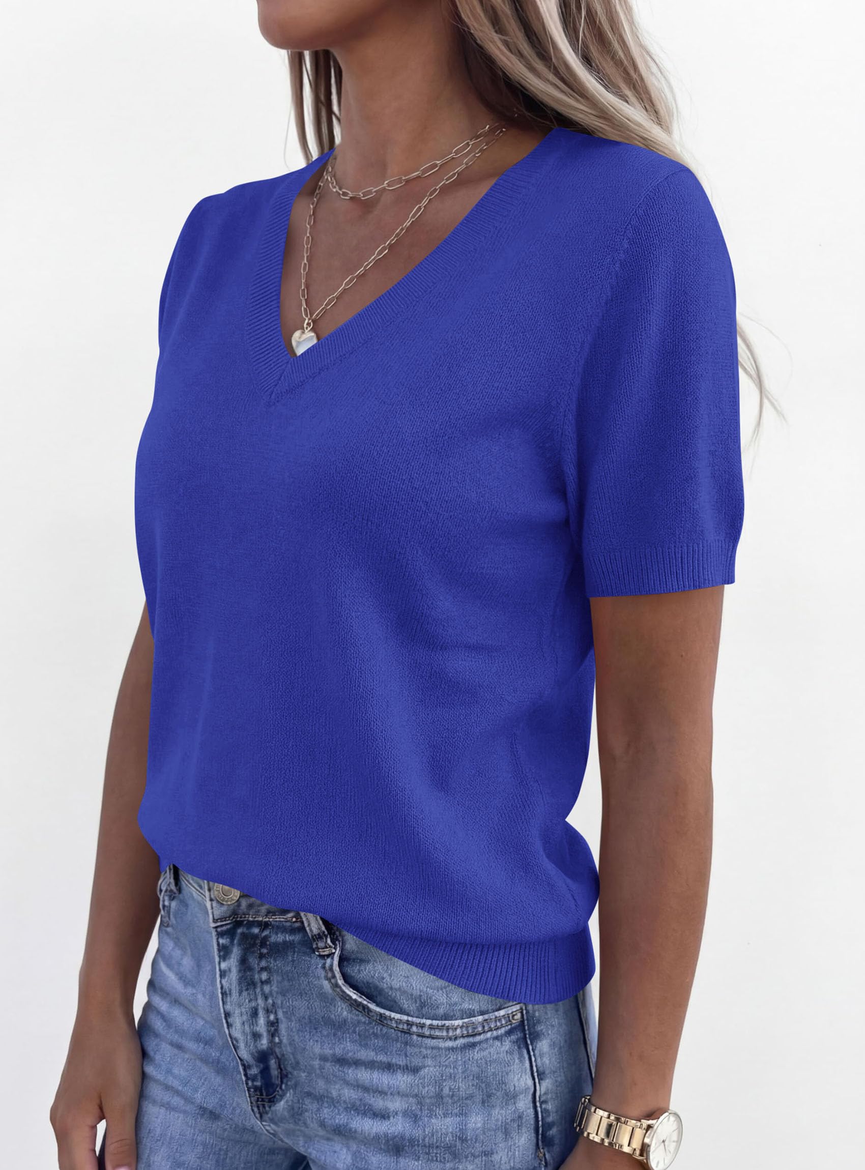 Womens Short Sleeve Sweater V Neck Tops,Royal Blue,S