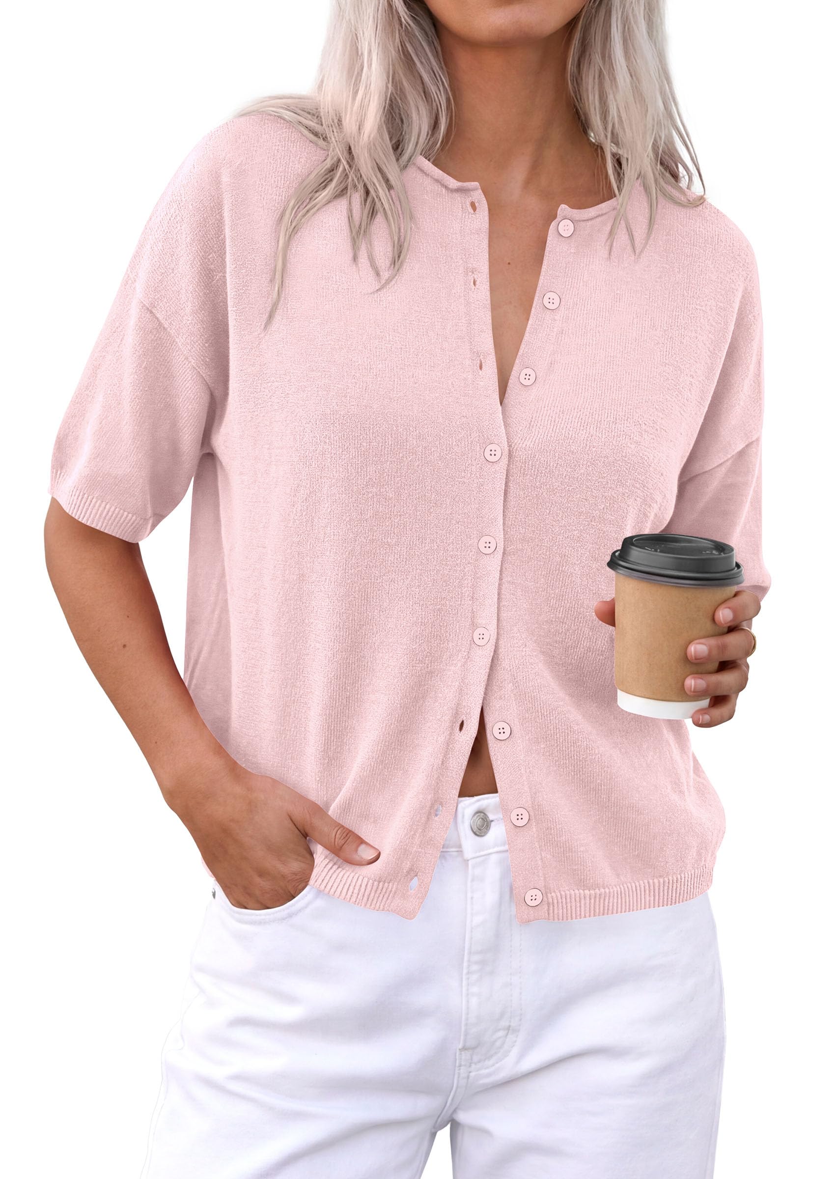 Women's Short Sleeve Cardigan Sweaters (Pink,Small)