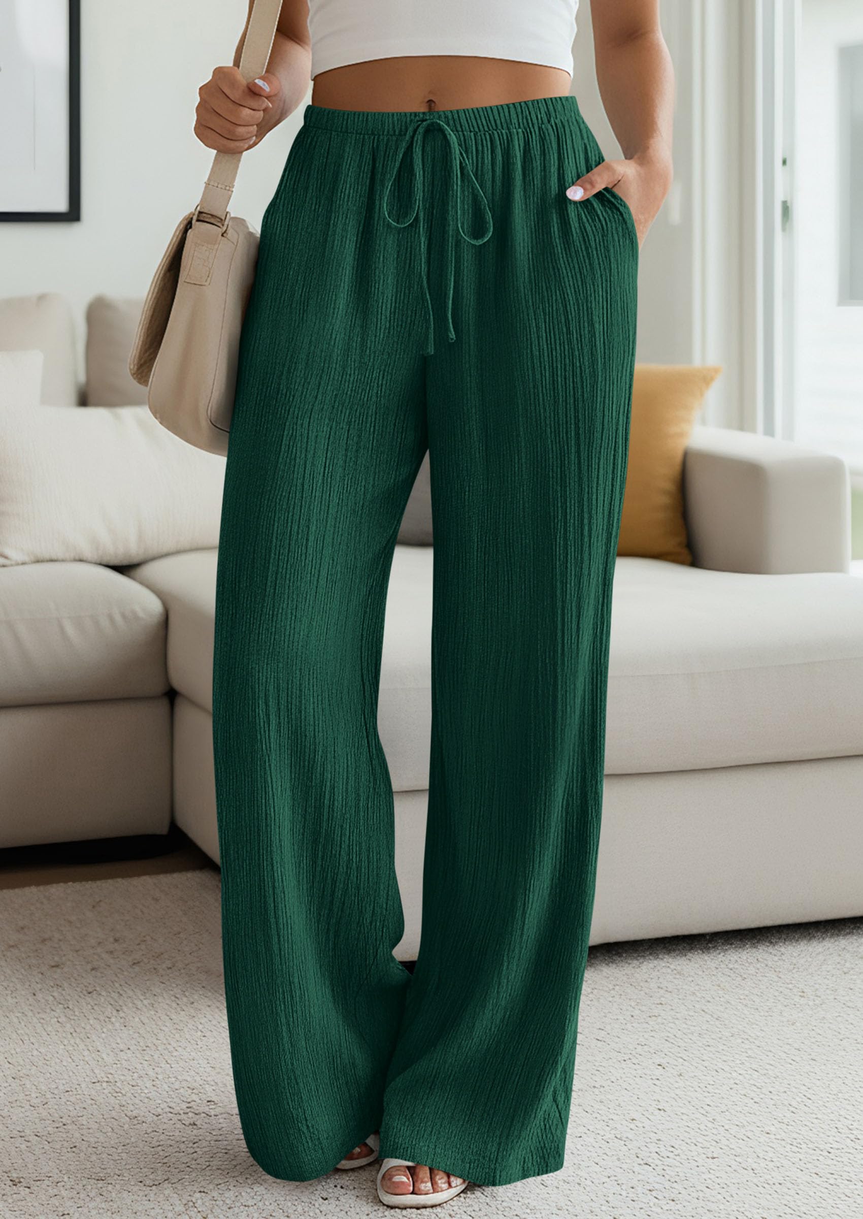 Women's Palazzo Pants Casual Wide Leg Trousers,Dark Green,S