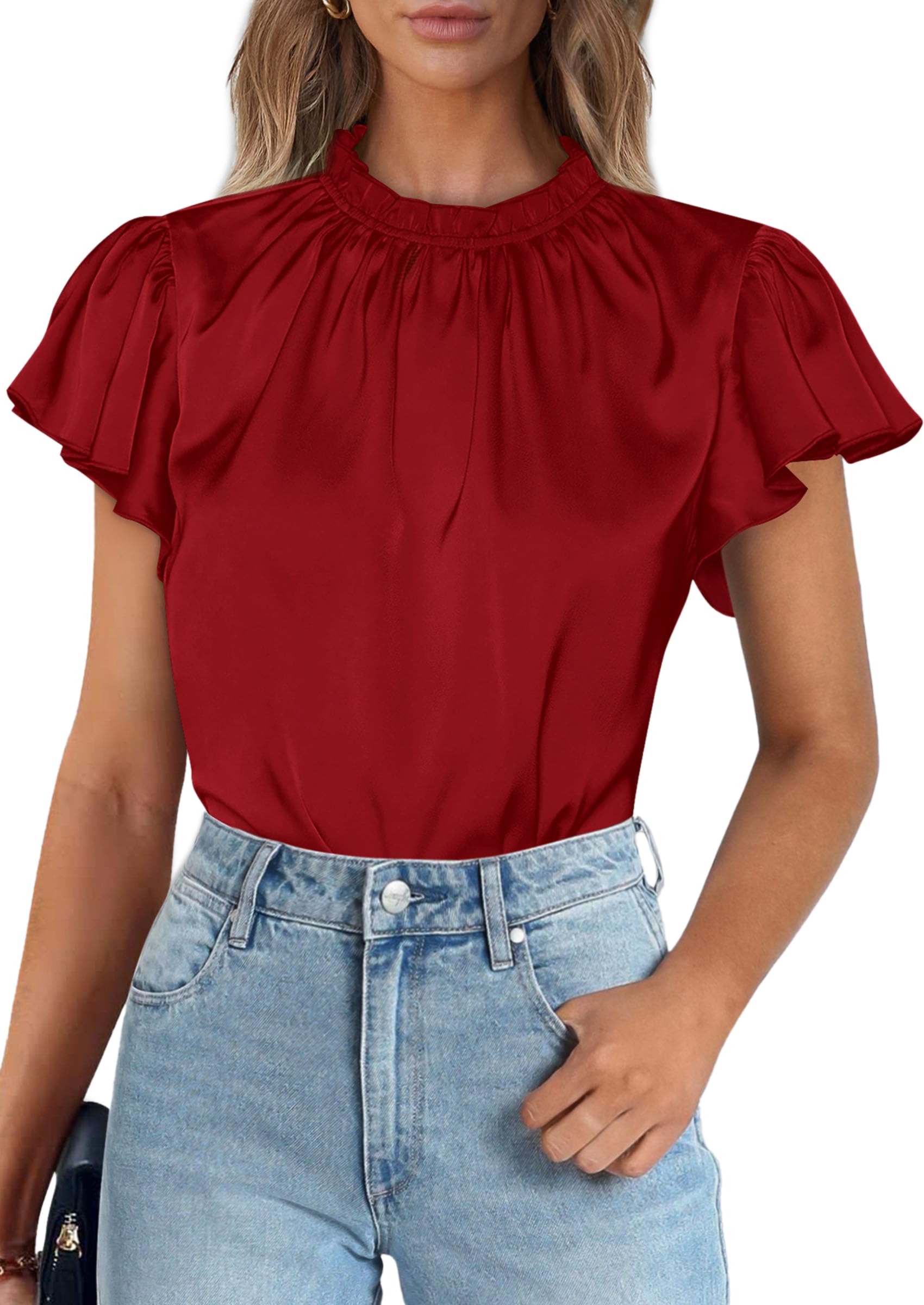 Women's Satin Tops Business Casual Work Blouses, Red,S