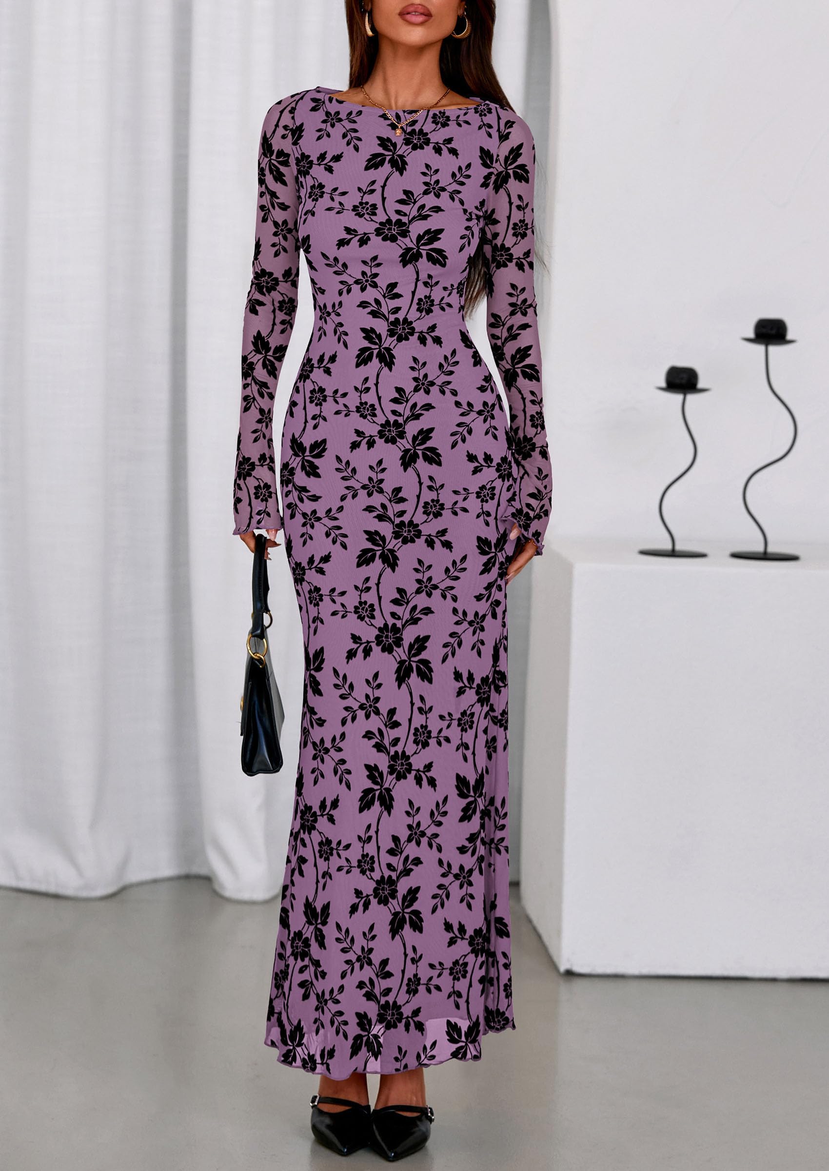 Women's Floral Bodycon Maxi Dress Wedding Guest Dresses Purple