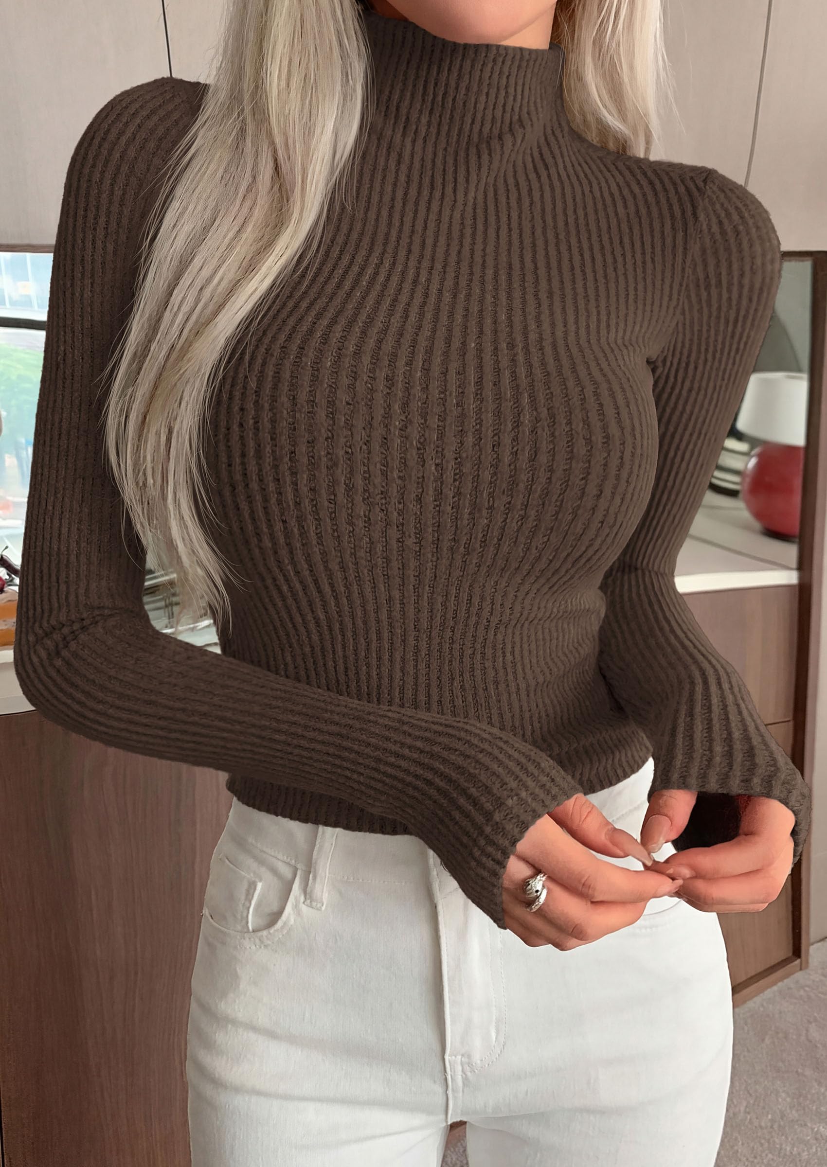 Long Sleeve Shirts for Women Fall Ribbed Mock Turtleneck Tops