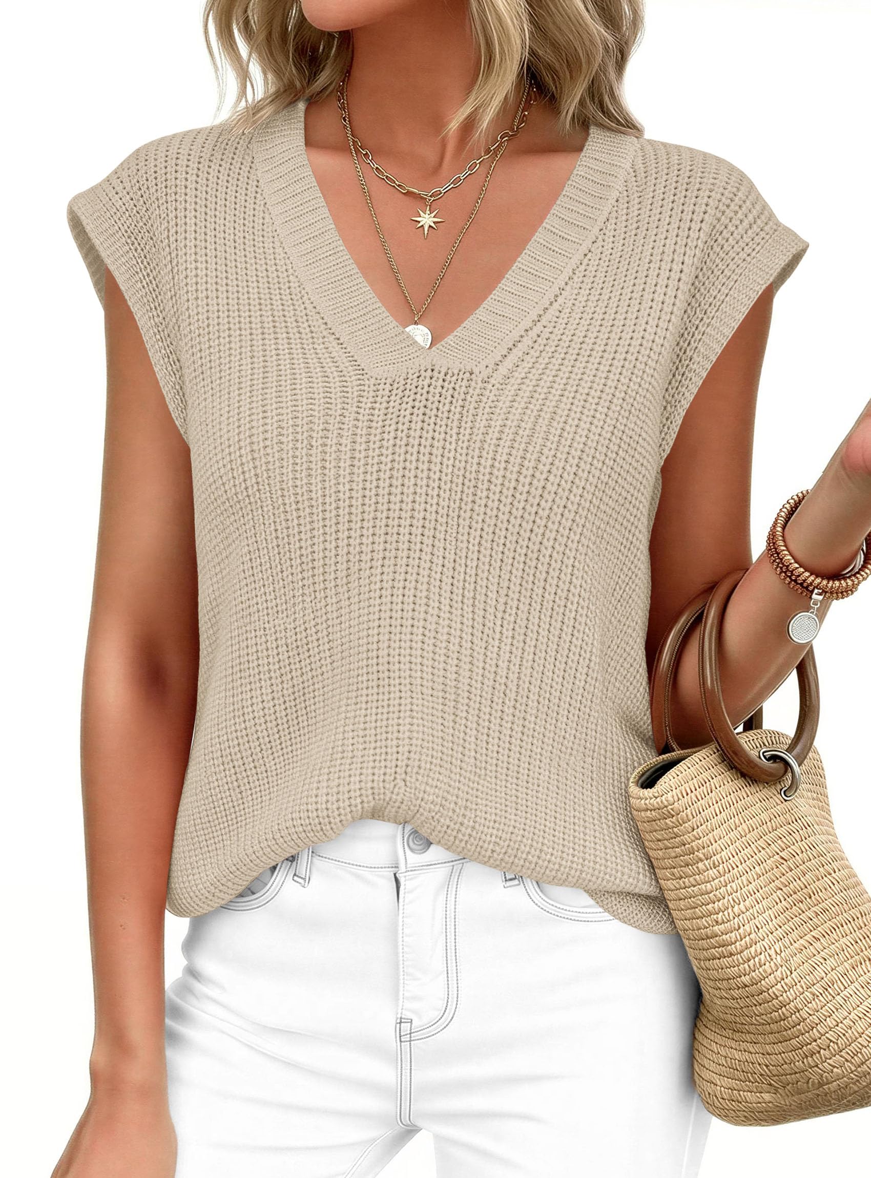 Women's Cap Sleeve Sweaters Vest Summer Tops (Apricot,M)