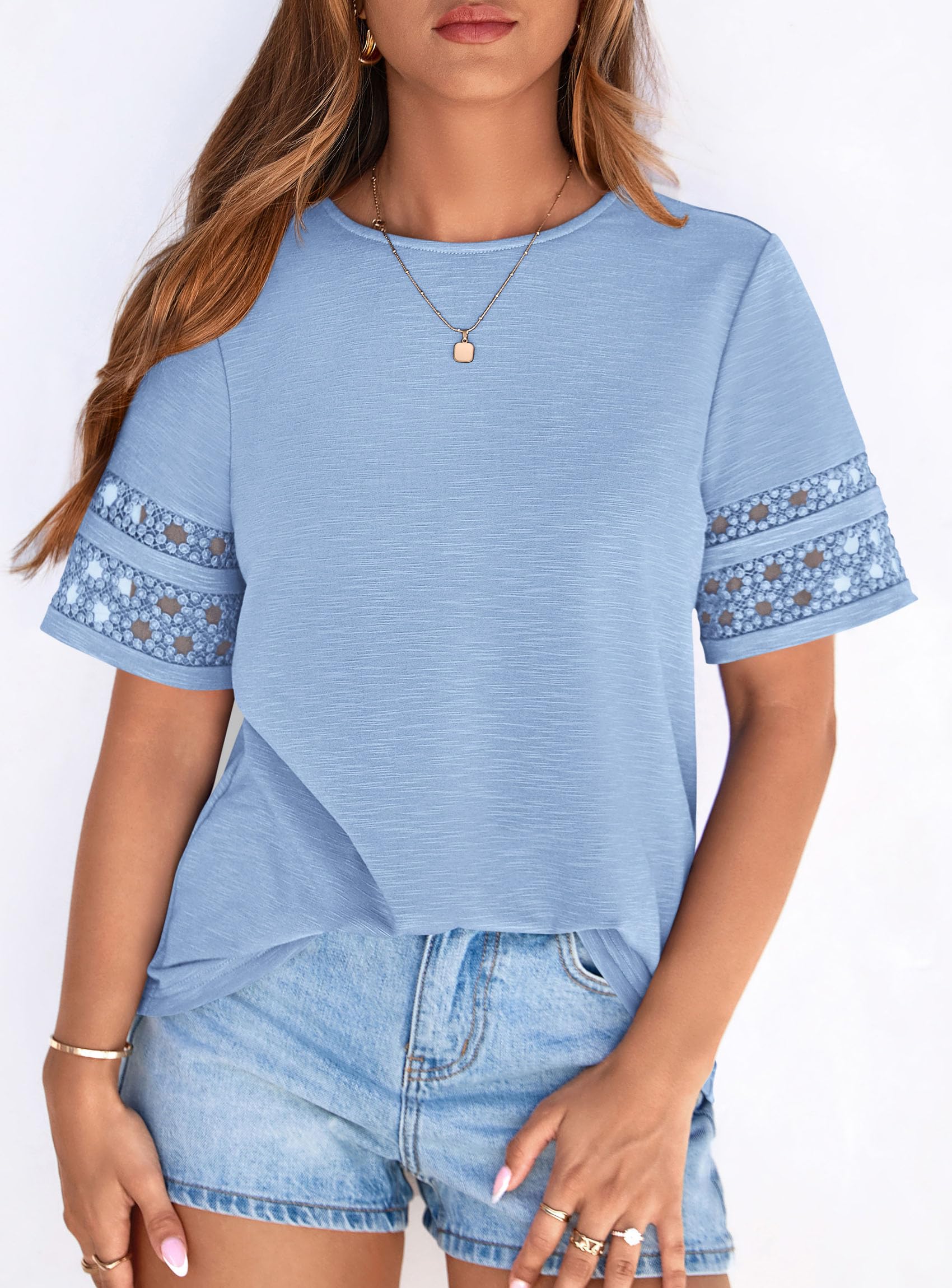 Women's Summer Short Sleeve Lace Trim T-Shirts,Light Blue,S