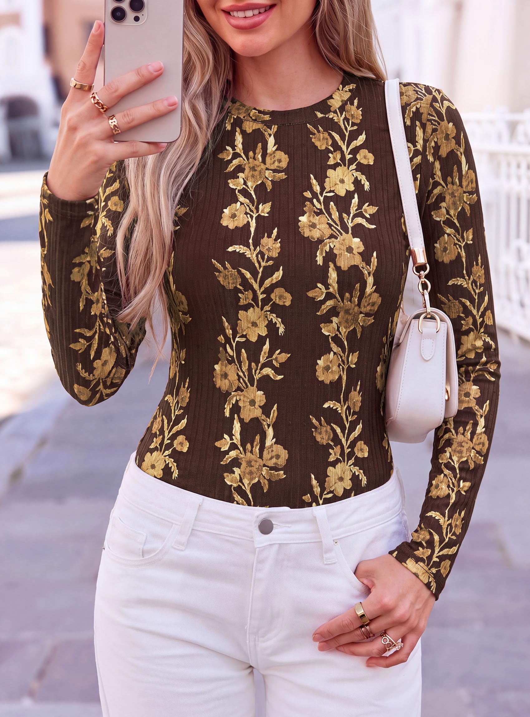 Womens Long Sleeve Shirts Floral Y2K Tops,Brown,XS