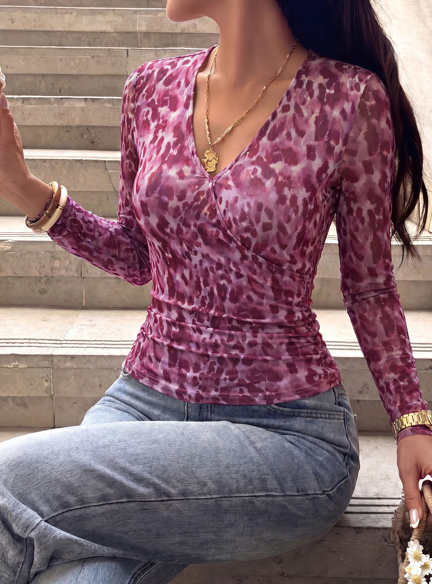 Womens Mesh Wrap Dressy Top Floral V Neck Long Sleeve Shirts