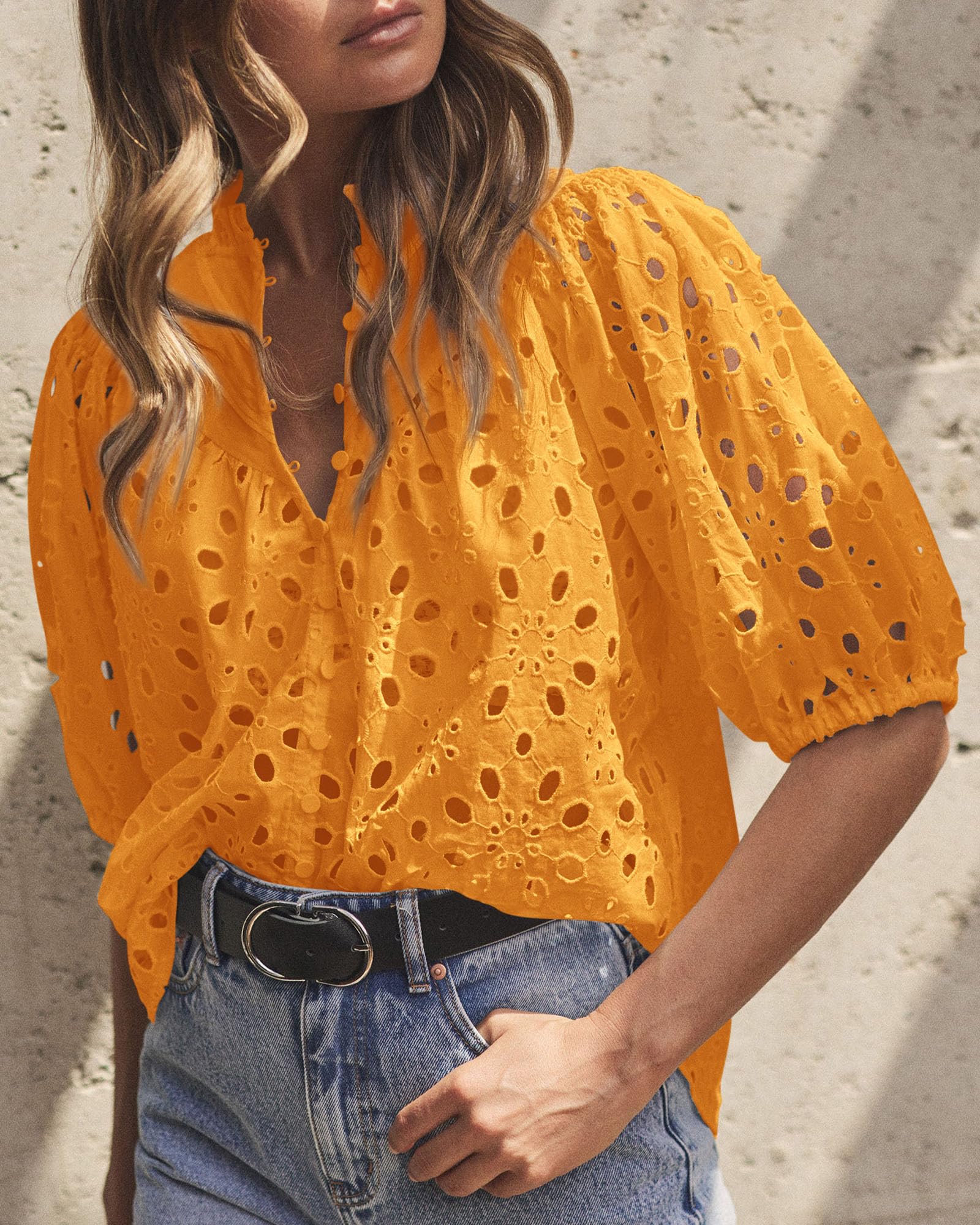 Womens Tops Boho Eyelet Puff Sleeve Blouse, Orange Yellow,L