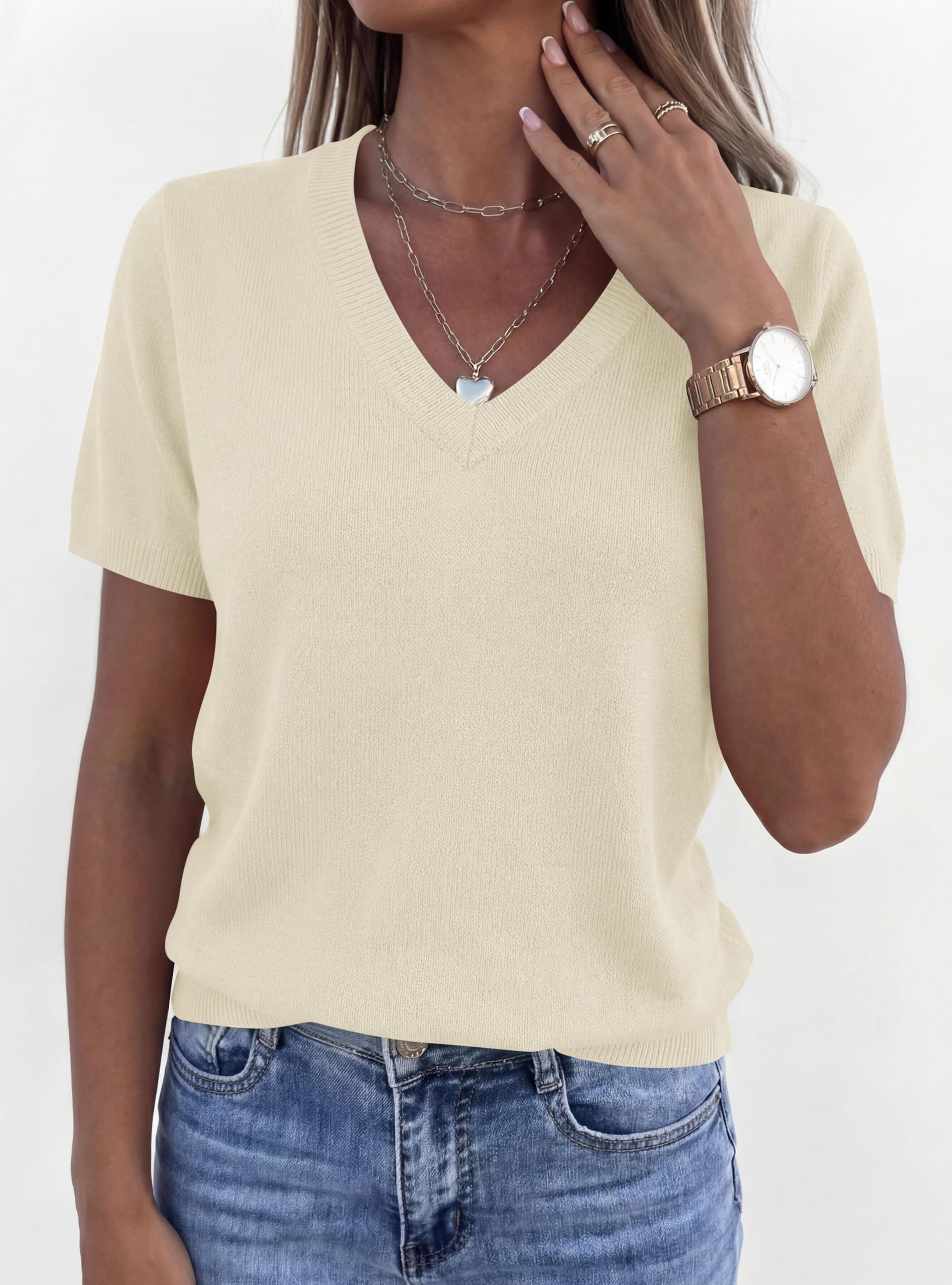 Womens Short Sleeve Sweater V Neck Tops,Beige,M