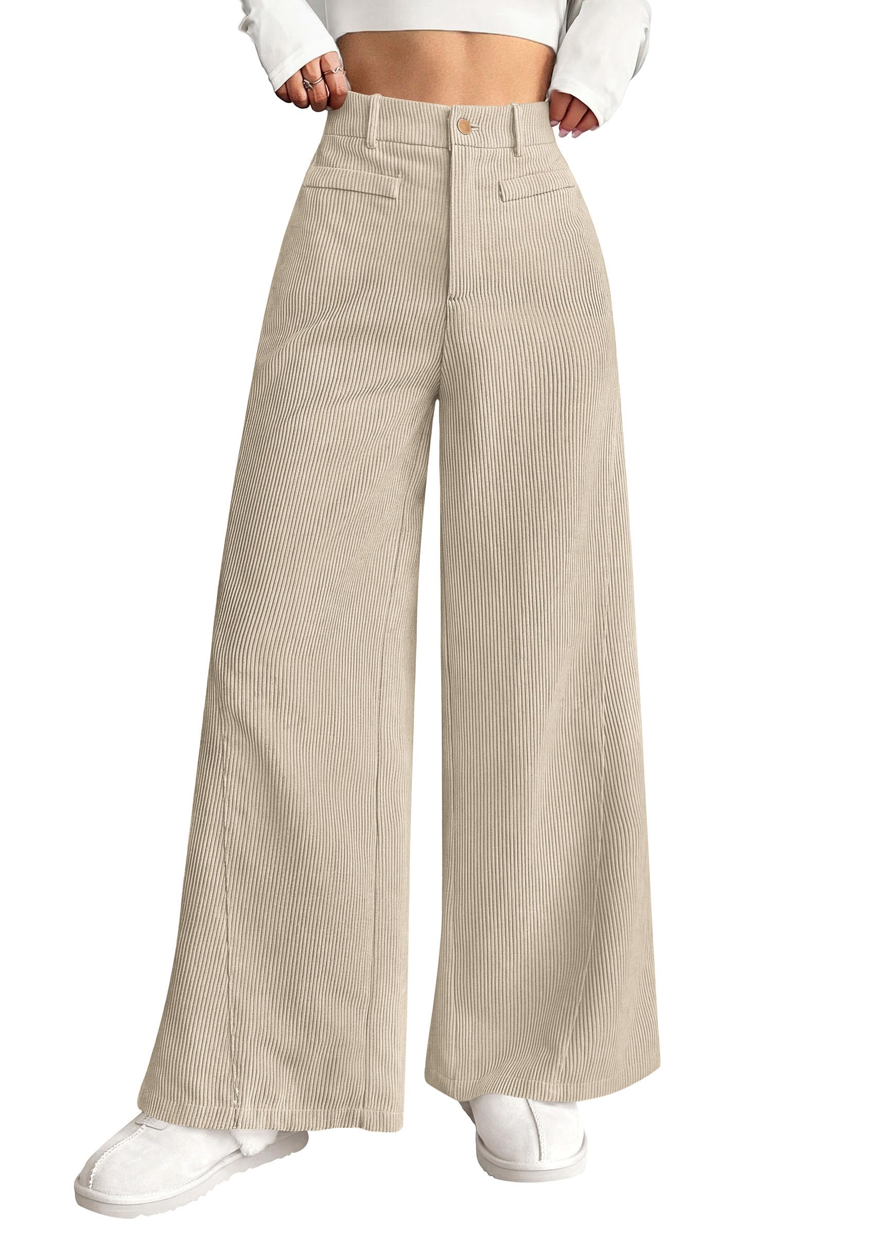 Women's High Waisted Corduroy Pants Casual,Beige White,S