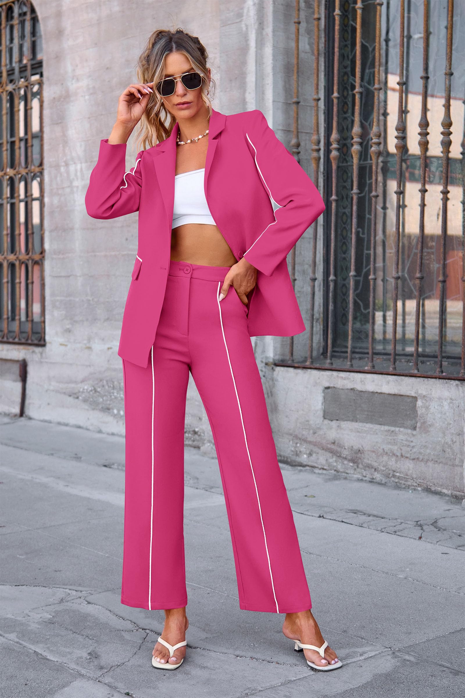 Women's 2 Piece Blazer Business Casual Outfits(Rose Red,S)