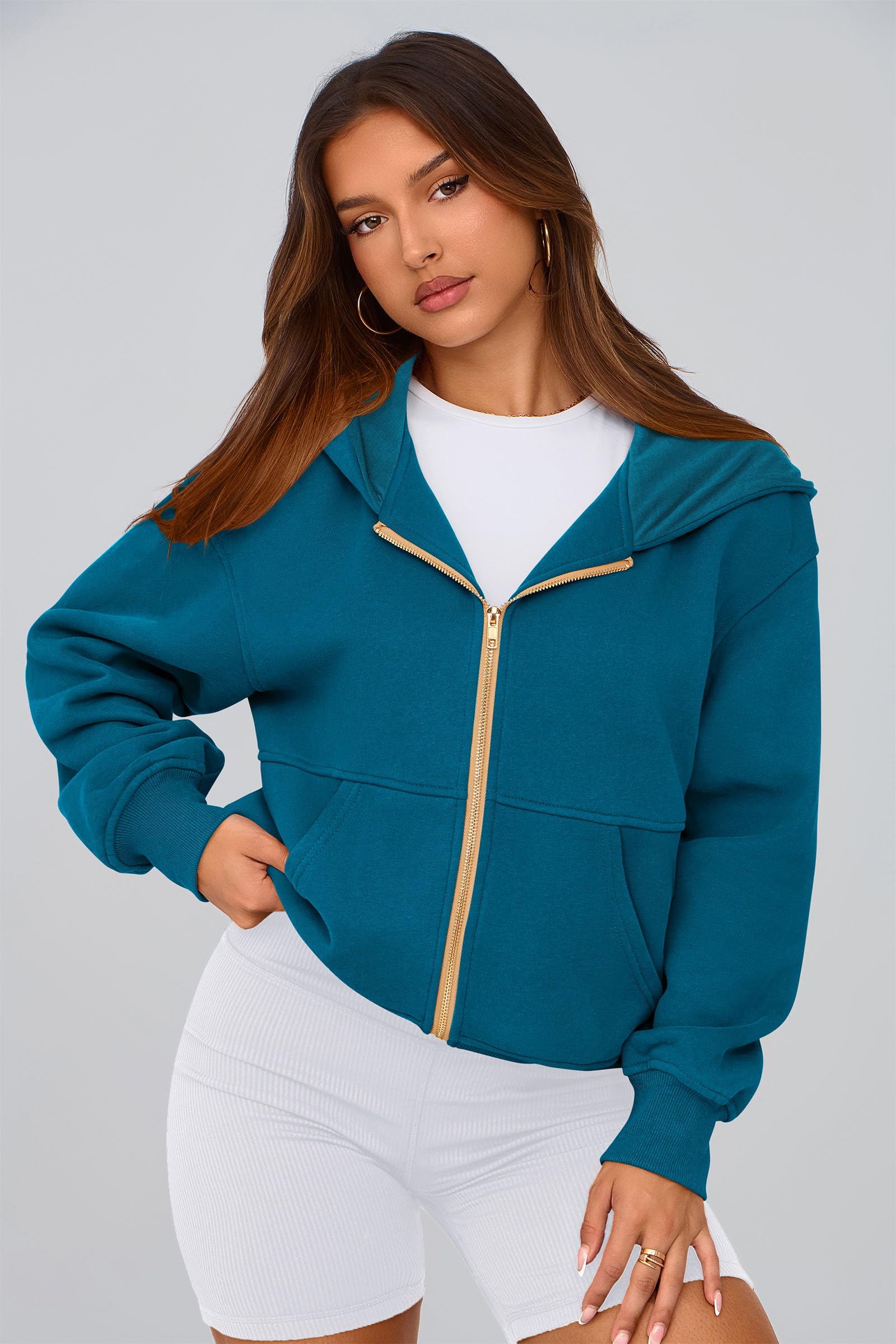 Hoodies for Women Fall Fashion Zip Up Fleece Plain Sweatshirt