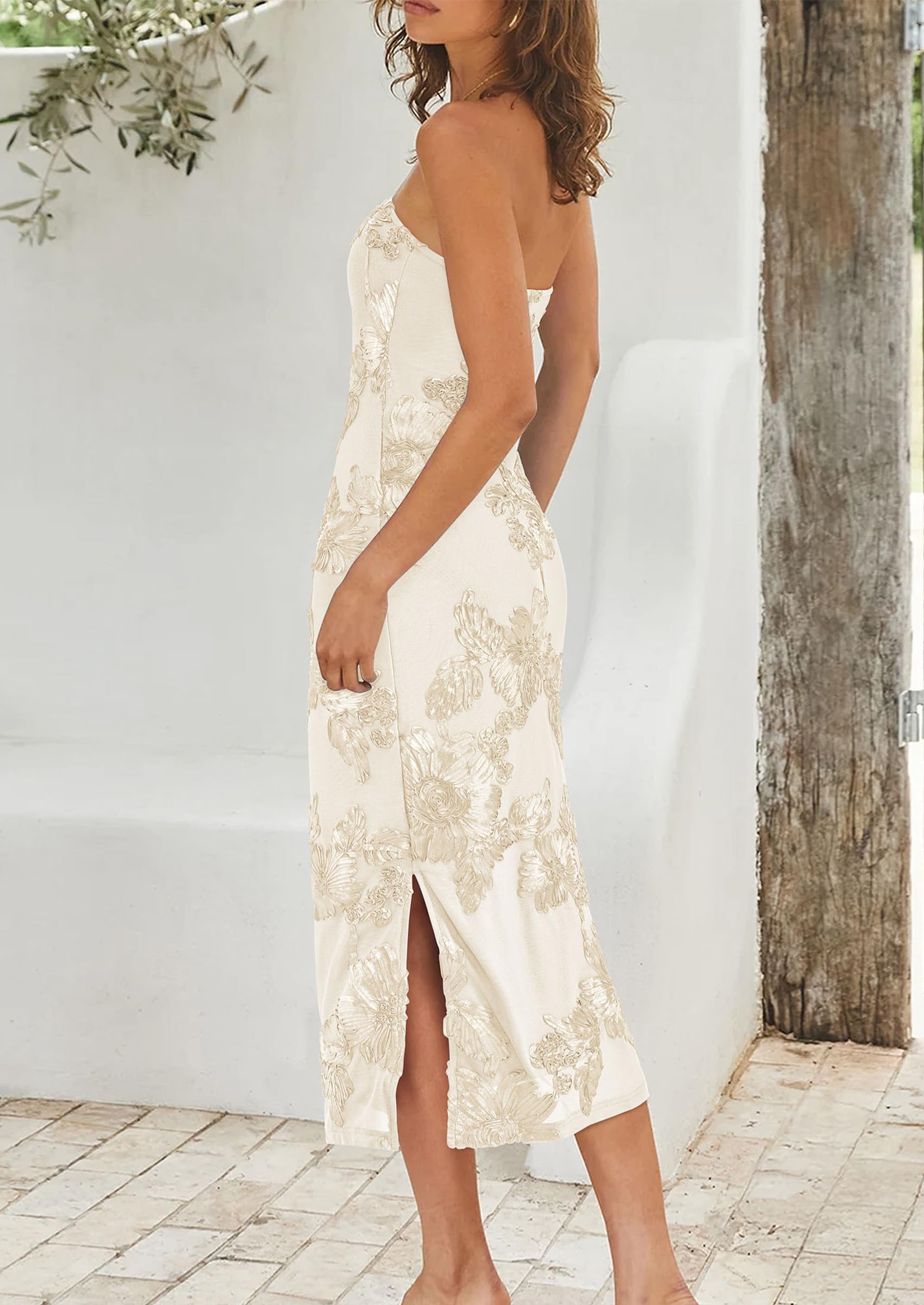 Women's Summer Wedding Guest Floral Midi Dress, Apricot,XS