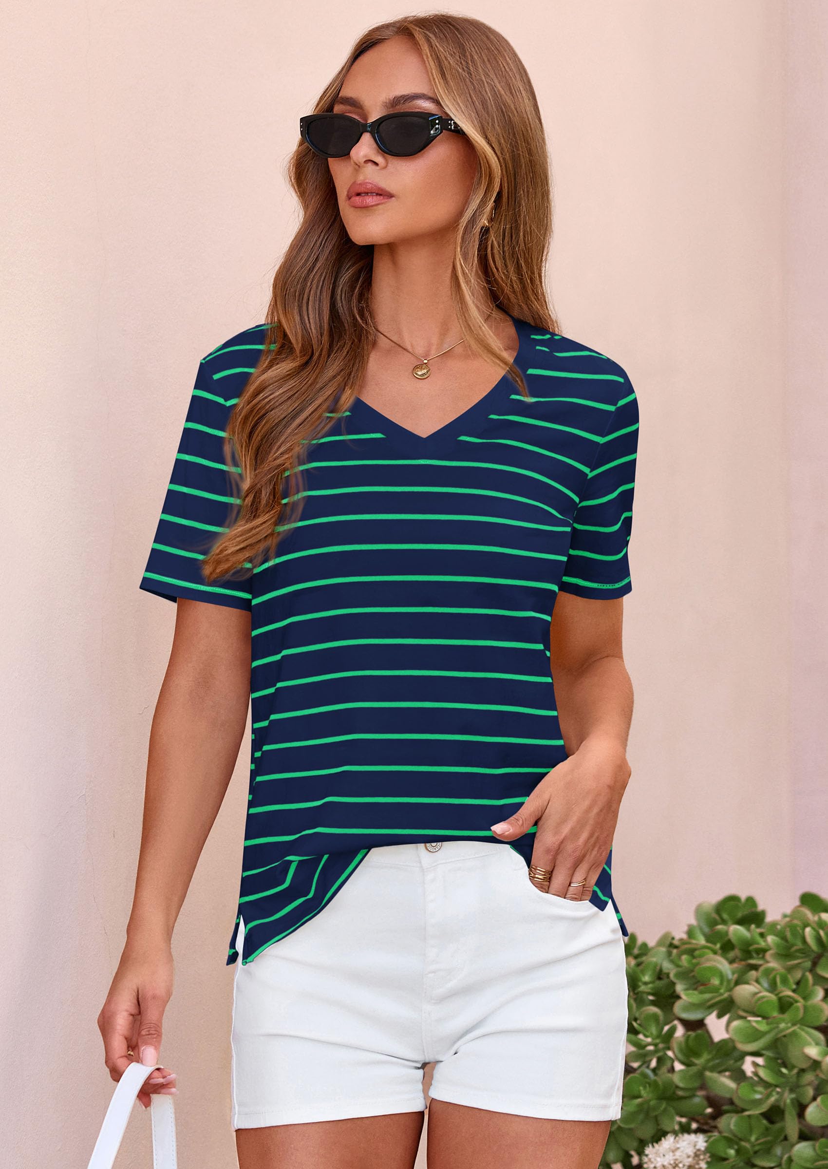 Striped Short Sleeve Womens Tops,Striped Blue Green,S