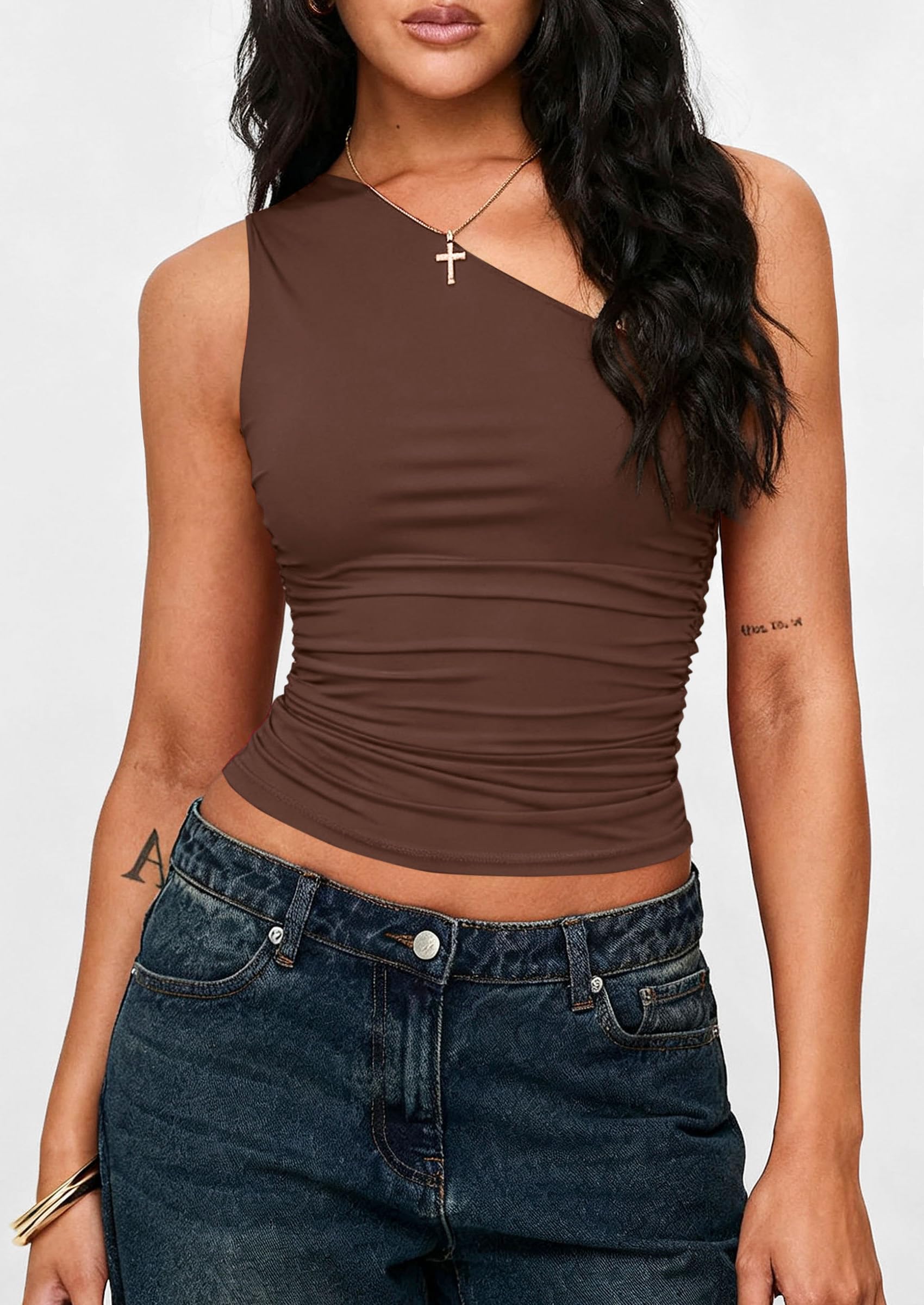 Womens Sleeveless One Shoulder Fitted Y2k Tops,Brown,XS