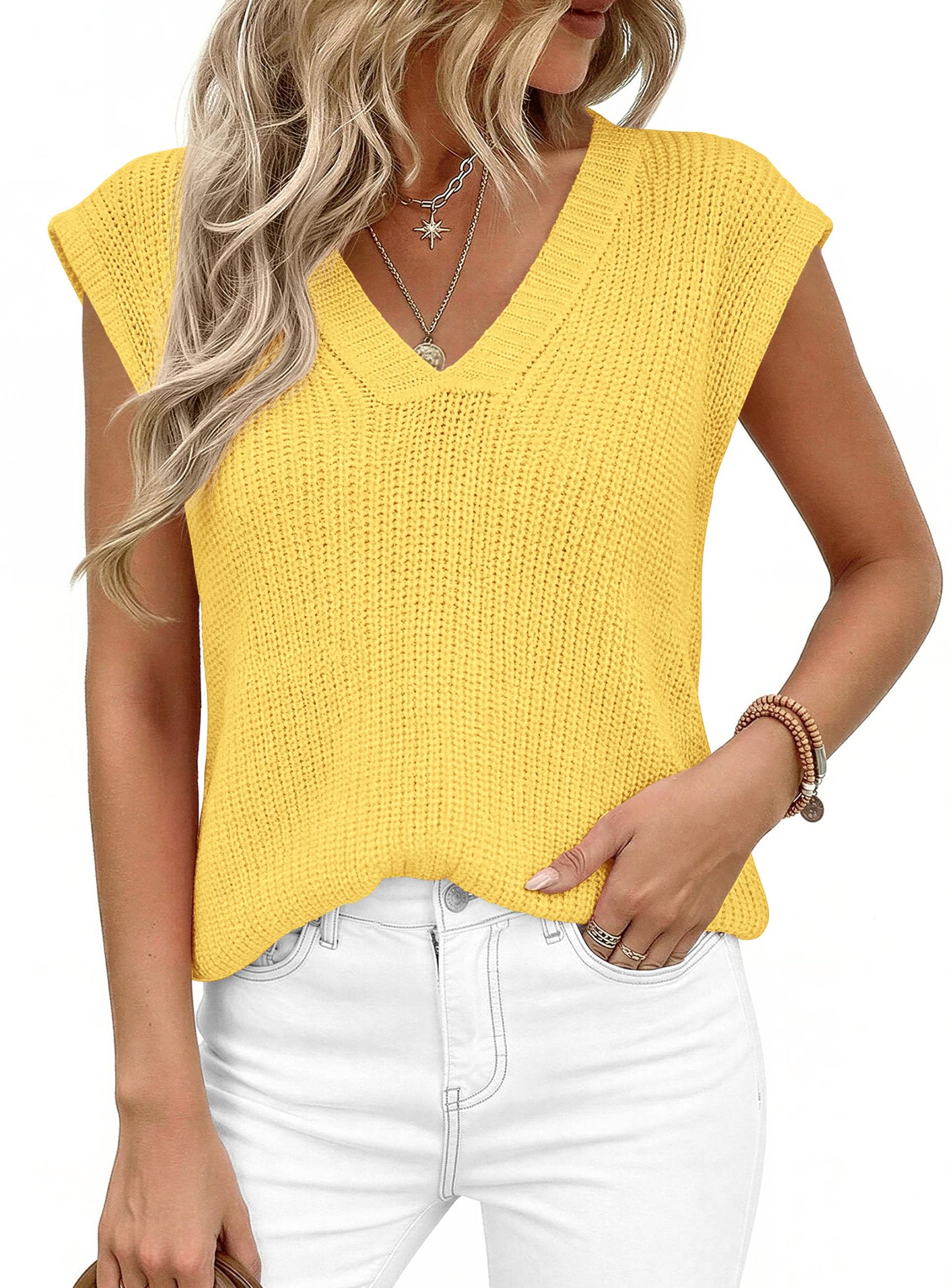 Women's Cap Sleeve Sweaters Vest Summer Tops (Yellow,S)