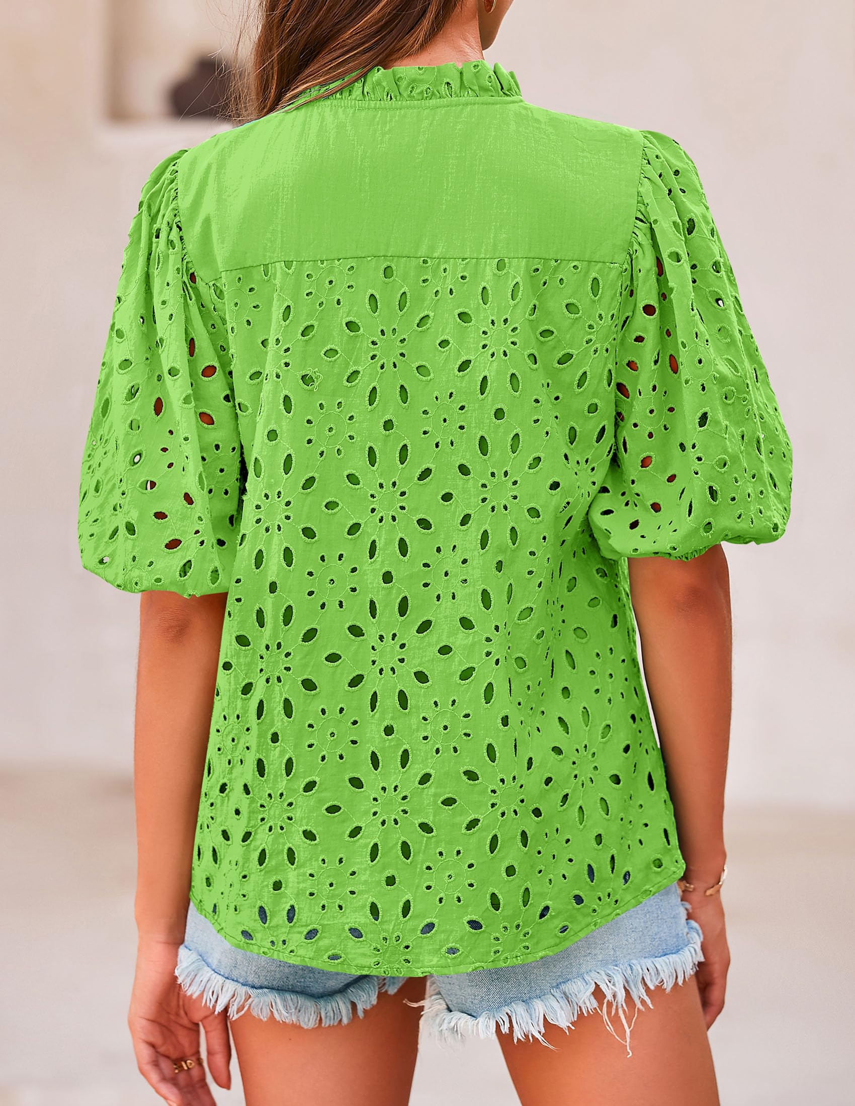 Womens Tops Boho Eyelet Puff Sleeve Blouse, Grass Green,S