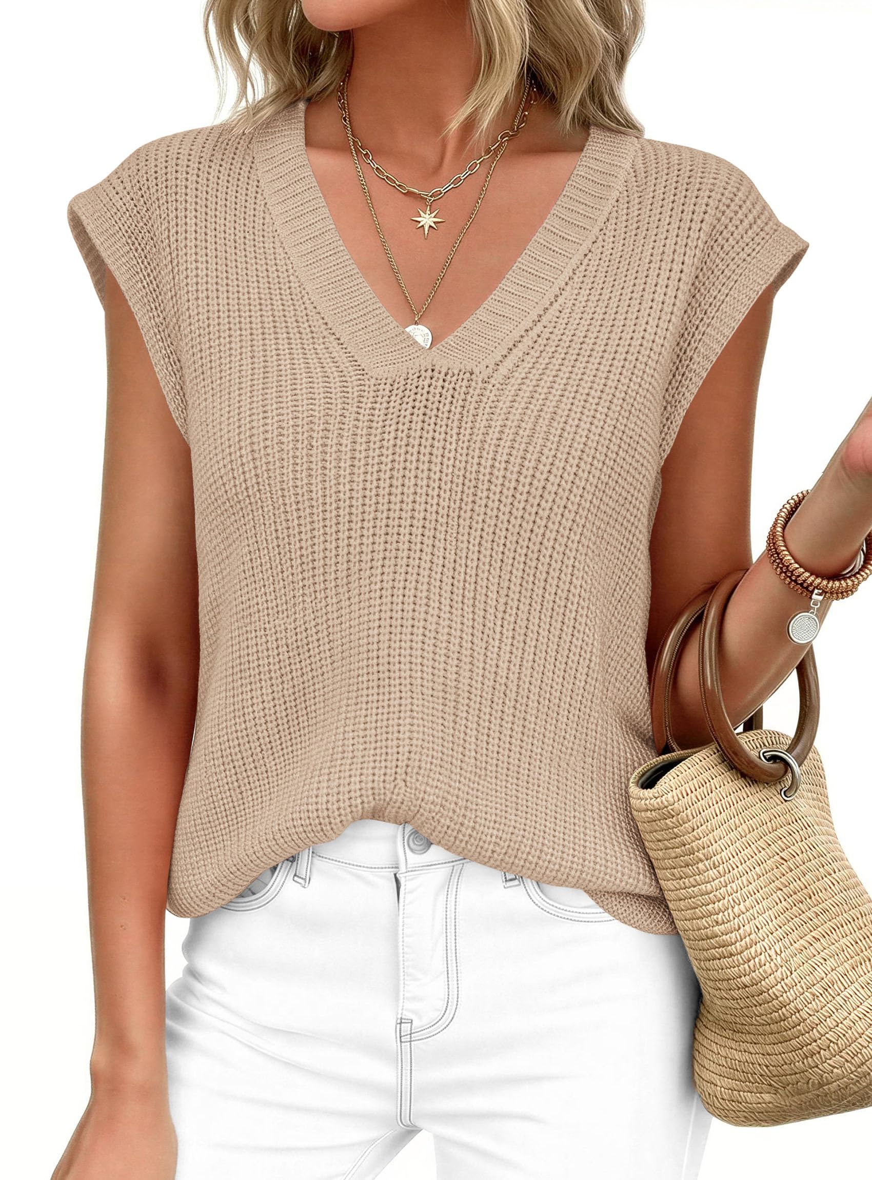 Women's Cap Sleeve Sweaters Vest Summer Tops (Light Khaki,S)