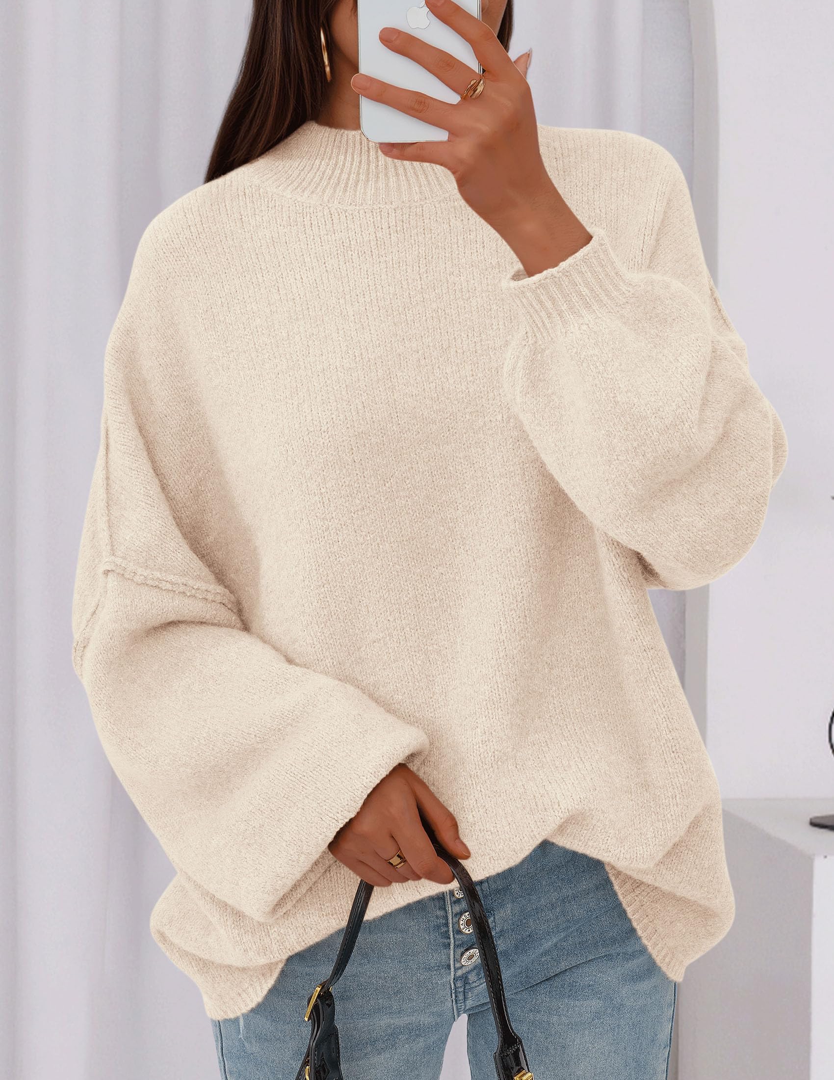 Women's Oversized Sweaters Fall Clothes (Beige,S)