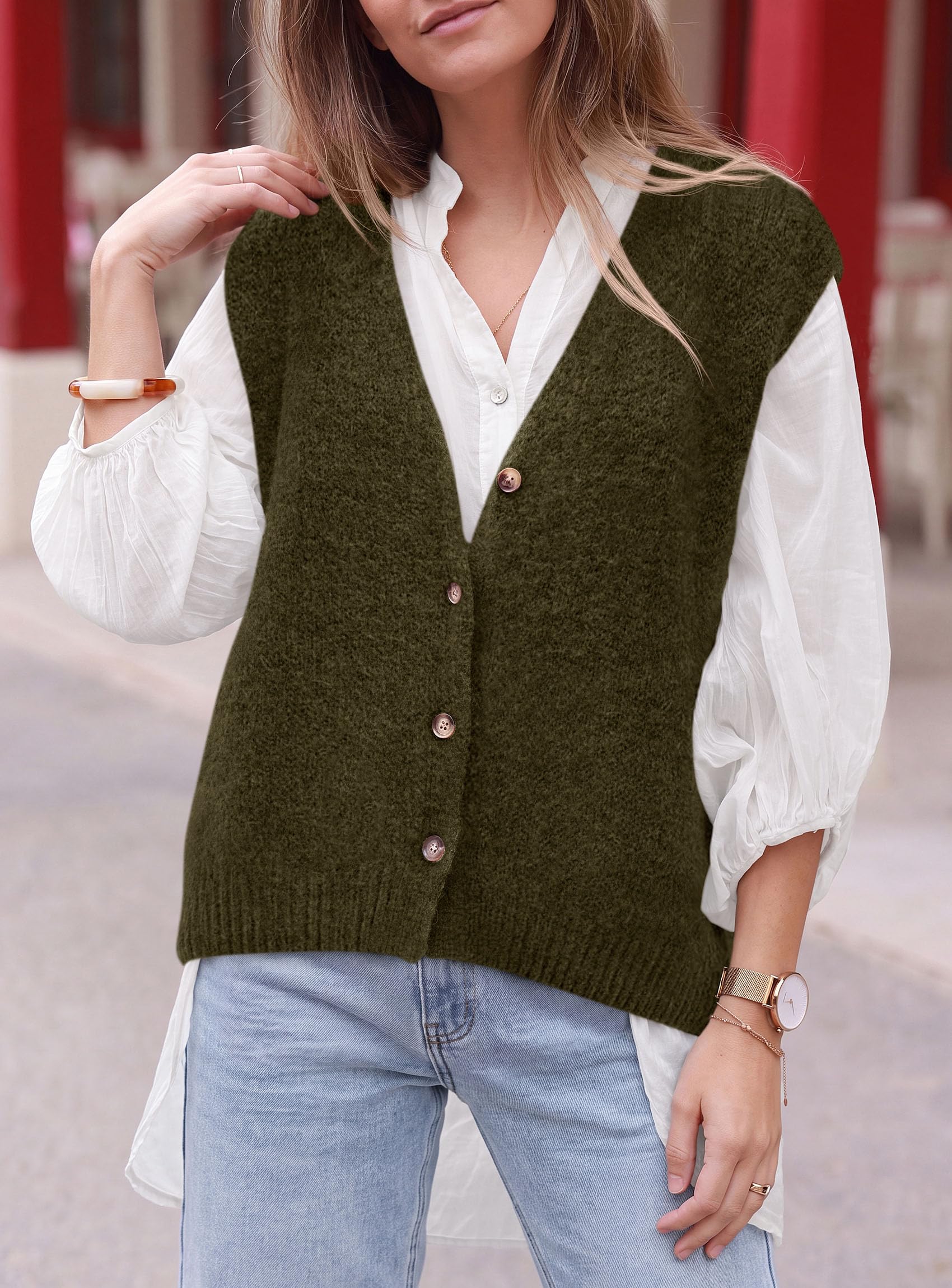 Womens Fall Sleeveless Button Down Sweater Vest,Army Green,S