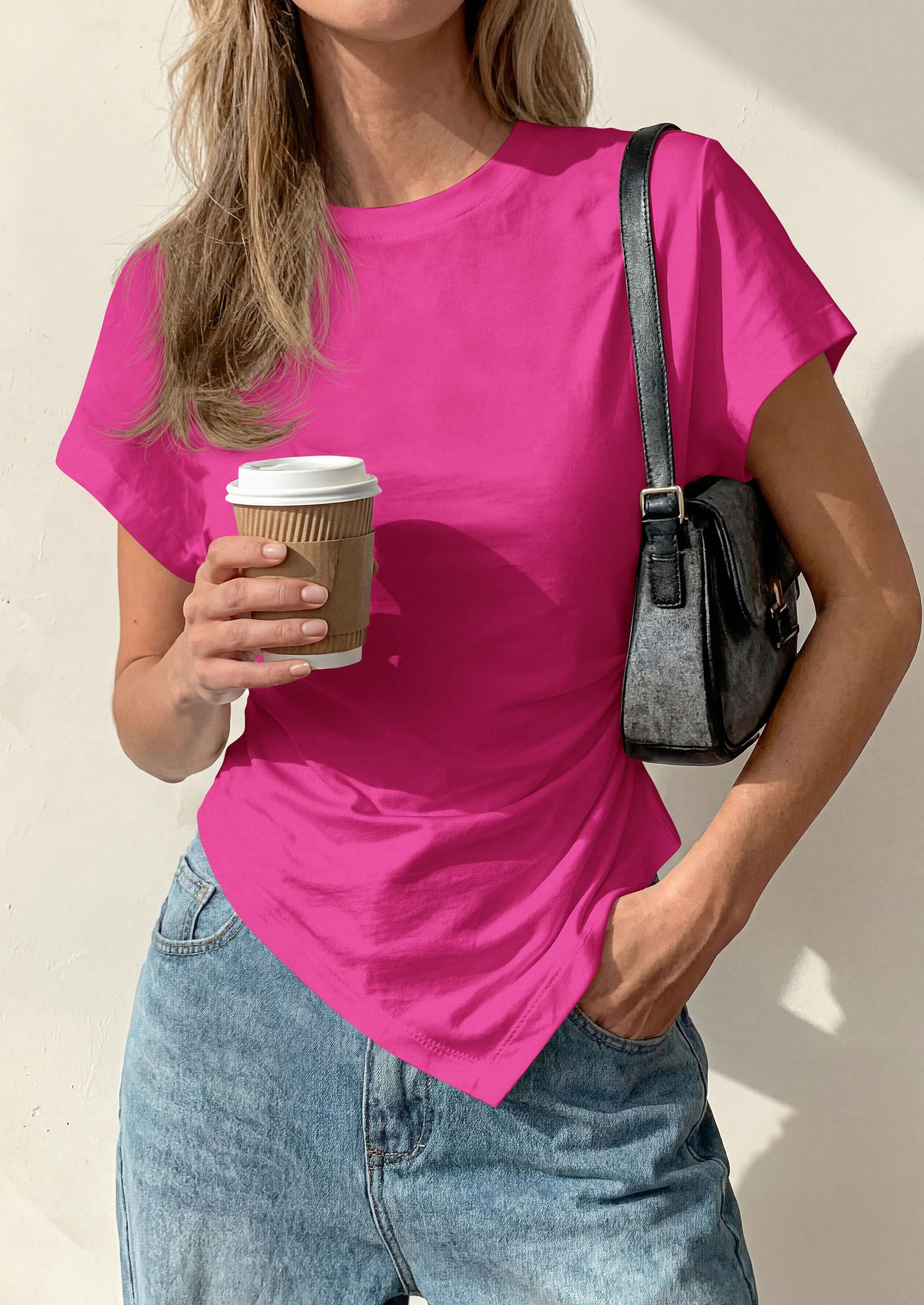 Womens Asymmetrical Summer Short Sleeve Tops,Rose Red,XS