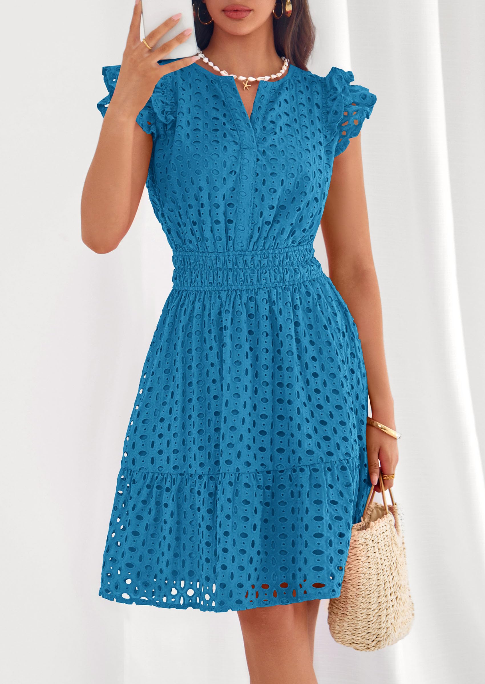 Women's Summer V Neck Eyelet Short Dress (Lake Blue,Small)