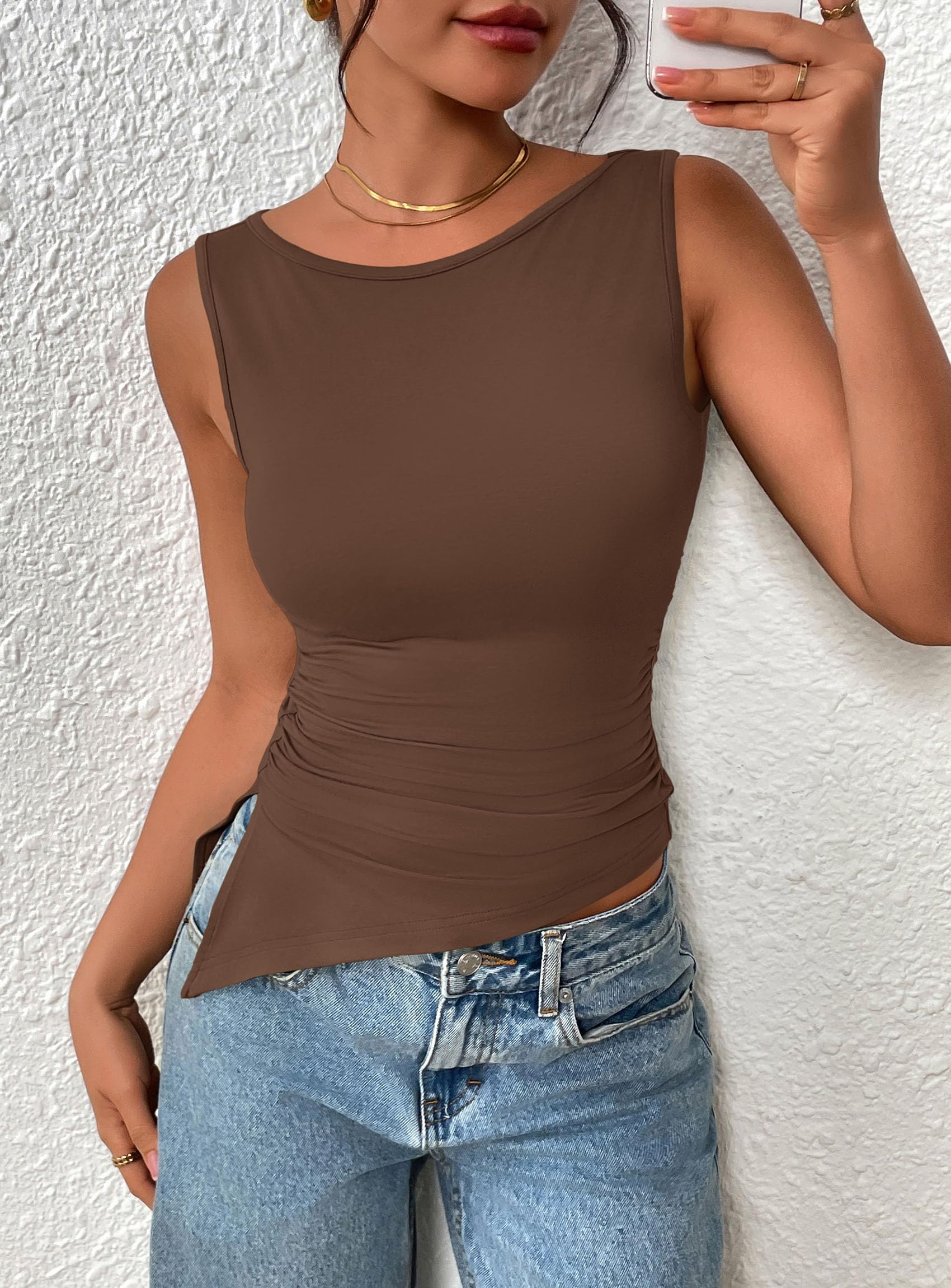 Women's Ruched Tank Tops Summer Y2K Shirts,Coffee,S