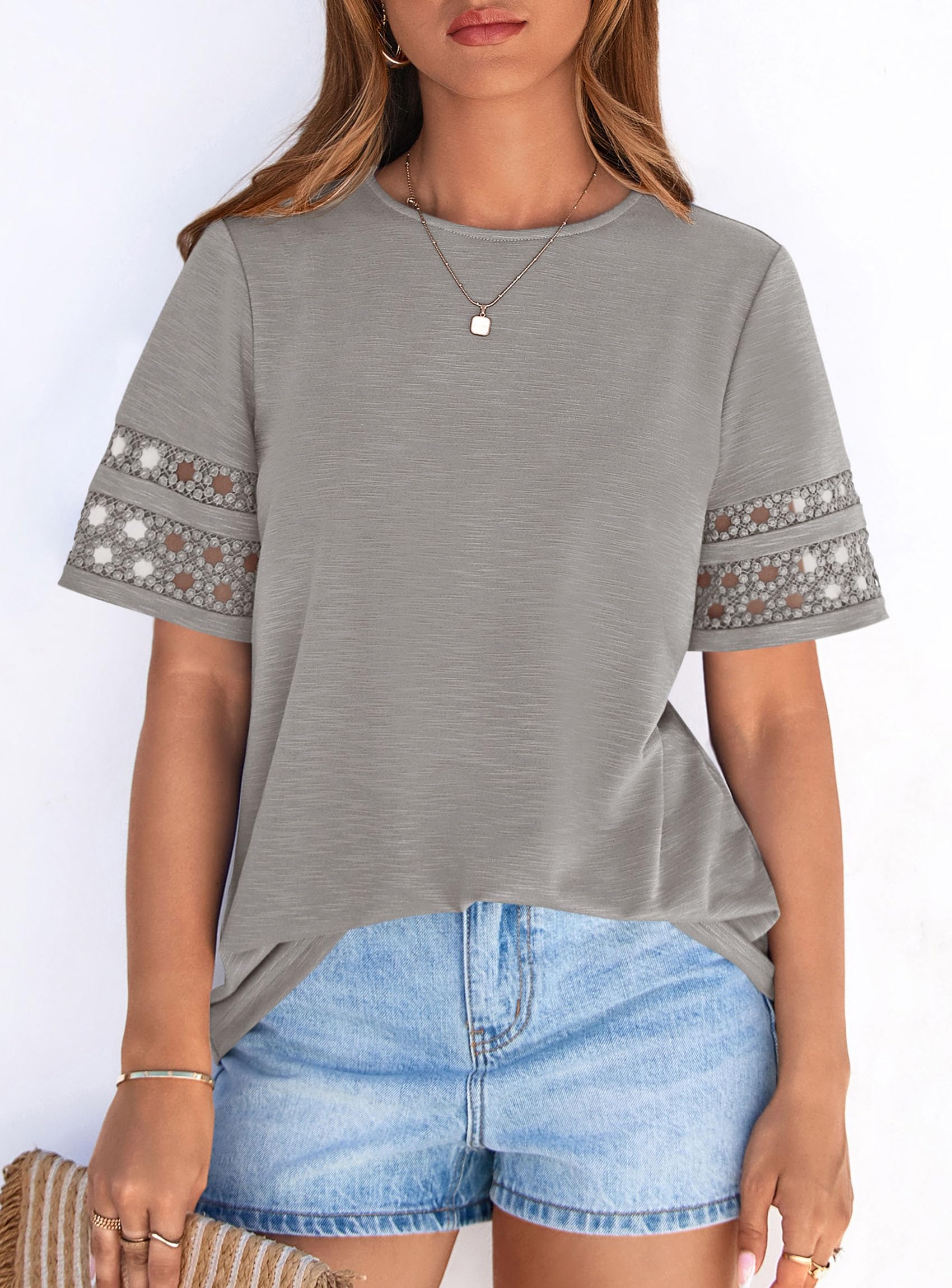 Women's Summer Short Sleeve Lace Trim T-Shirts,Grey,S