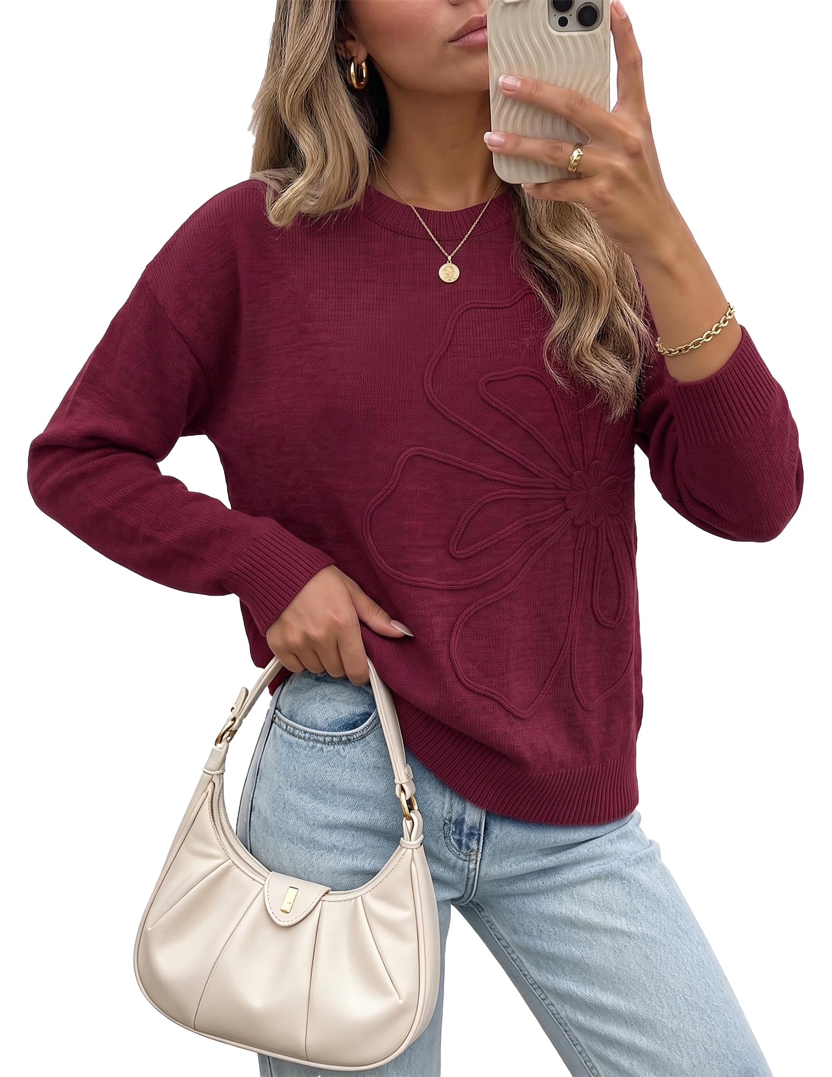 Sweaters for Women Fall Fashion Embroidered Floral Knit Tops