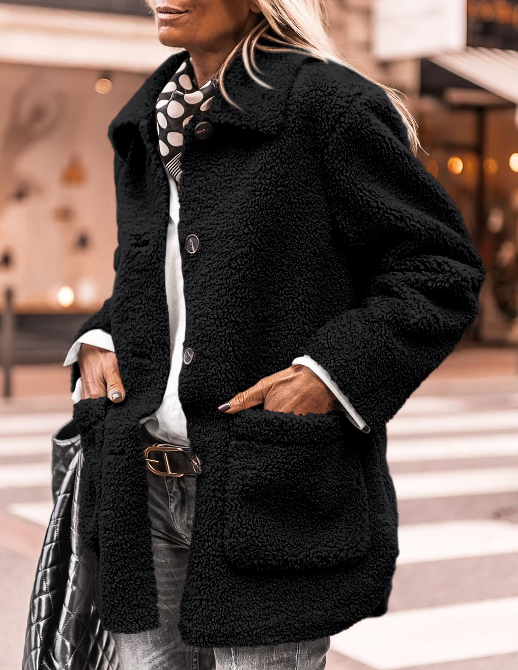 Women's Fleece Sherpa Coats Winter Outfits Black,S
