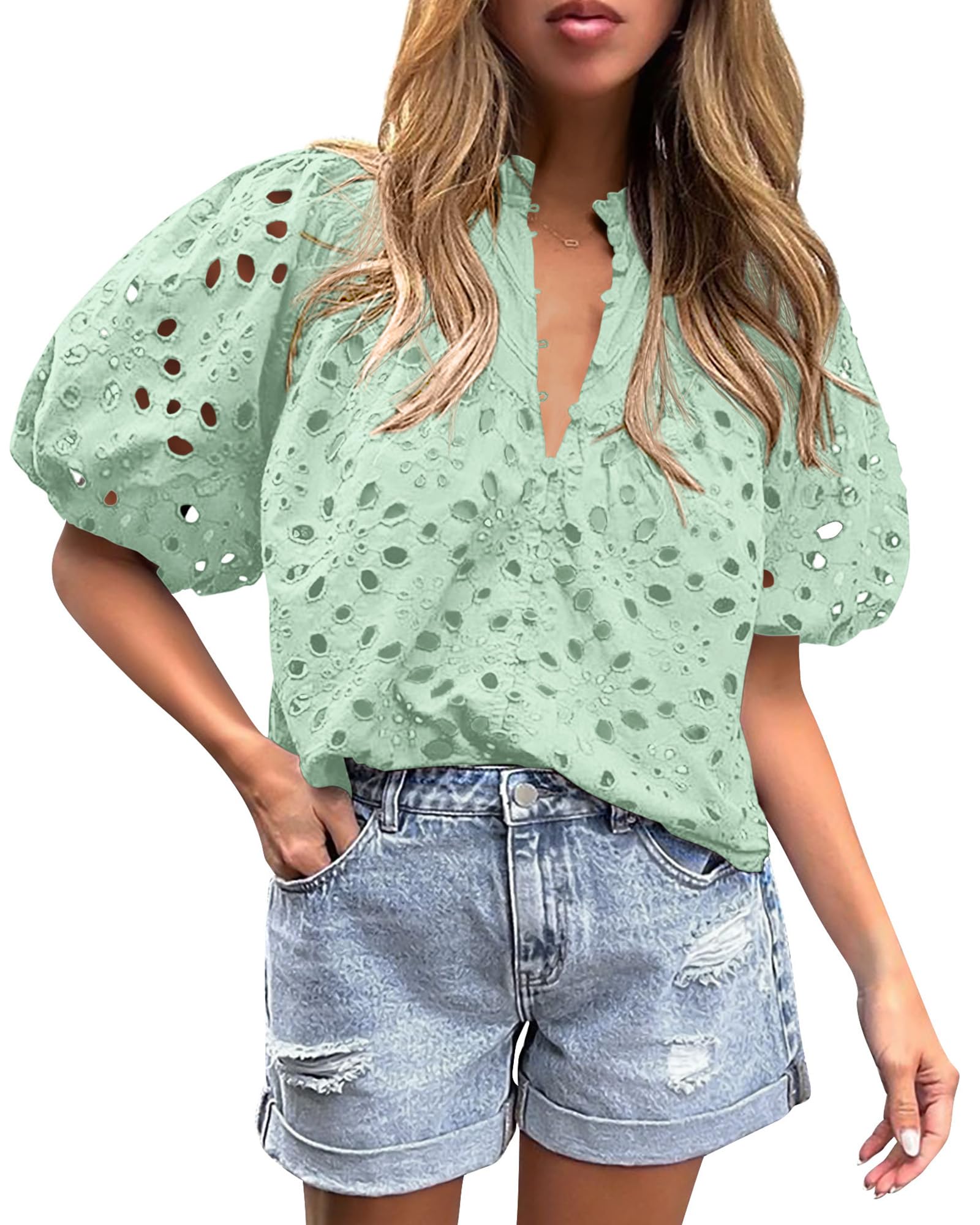 Womens Tops Boho Eyelet Puff Sleeve Blouse, Light Green,S