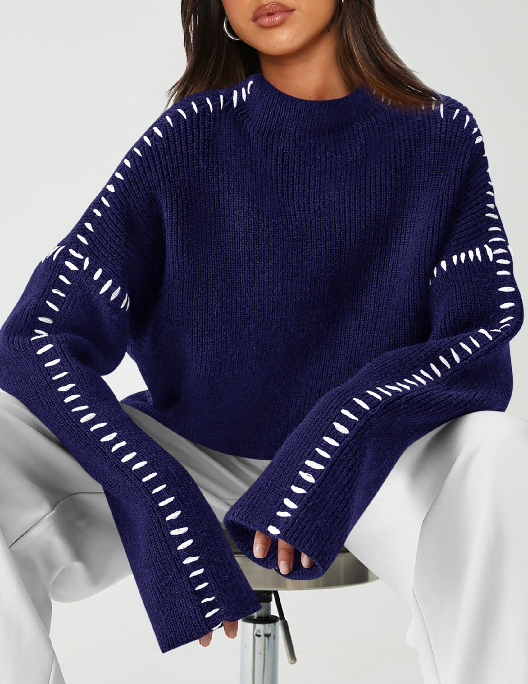 Womens Chunky Knit Oversized Pullover Sweaters,Navy Blue,S