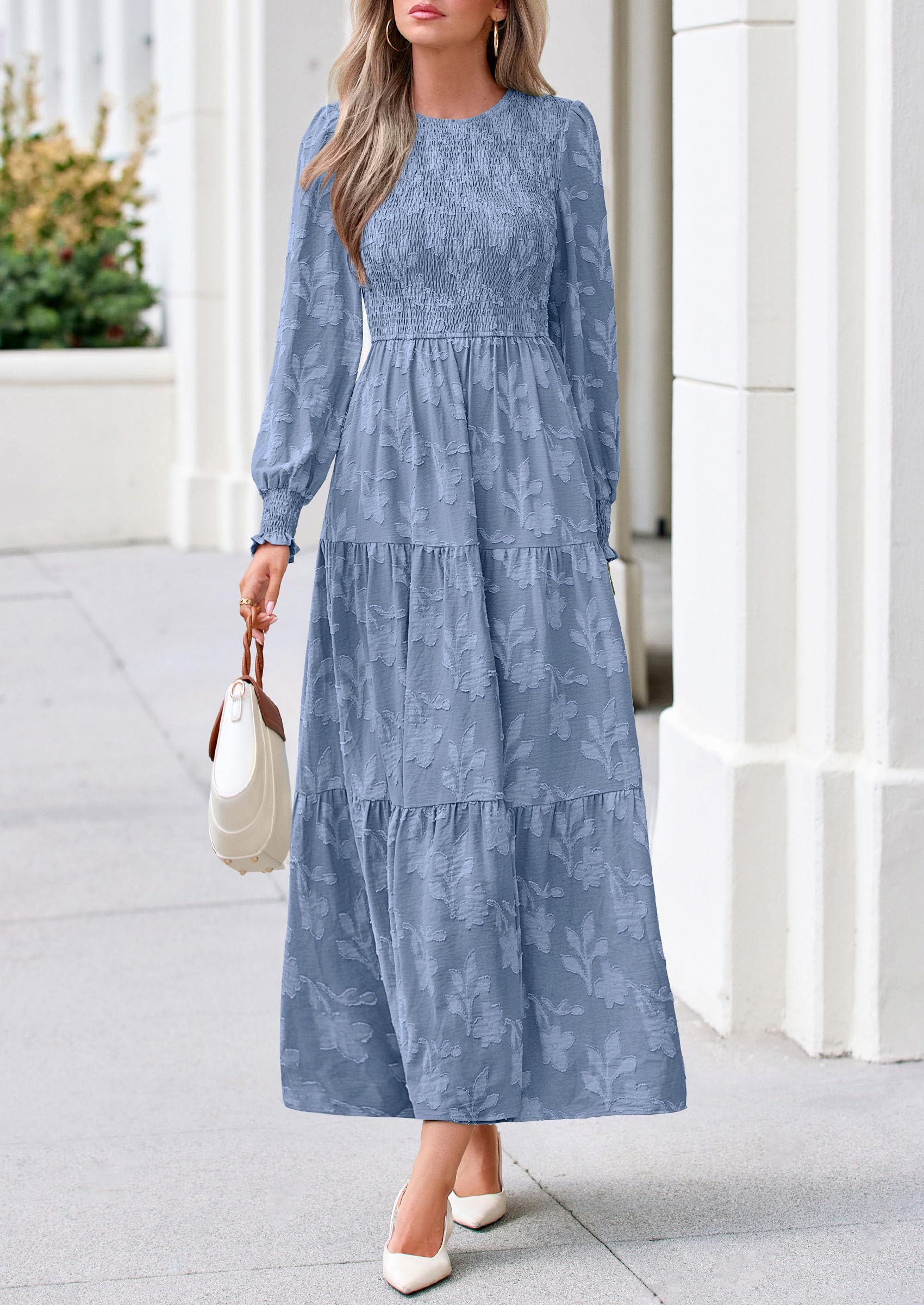 Fall Floral Long Sleeve Wedding Guest Dress for Women Pockets