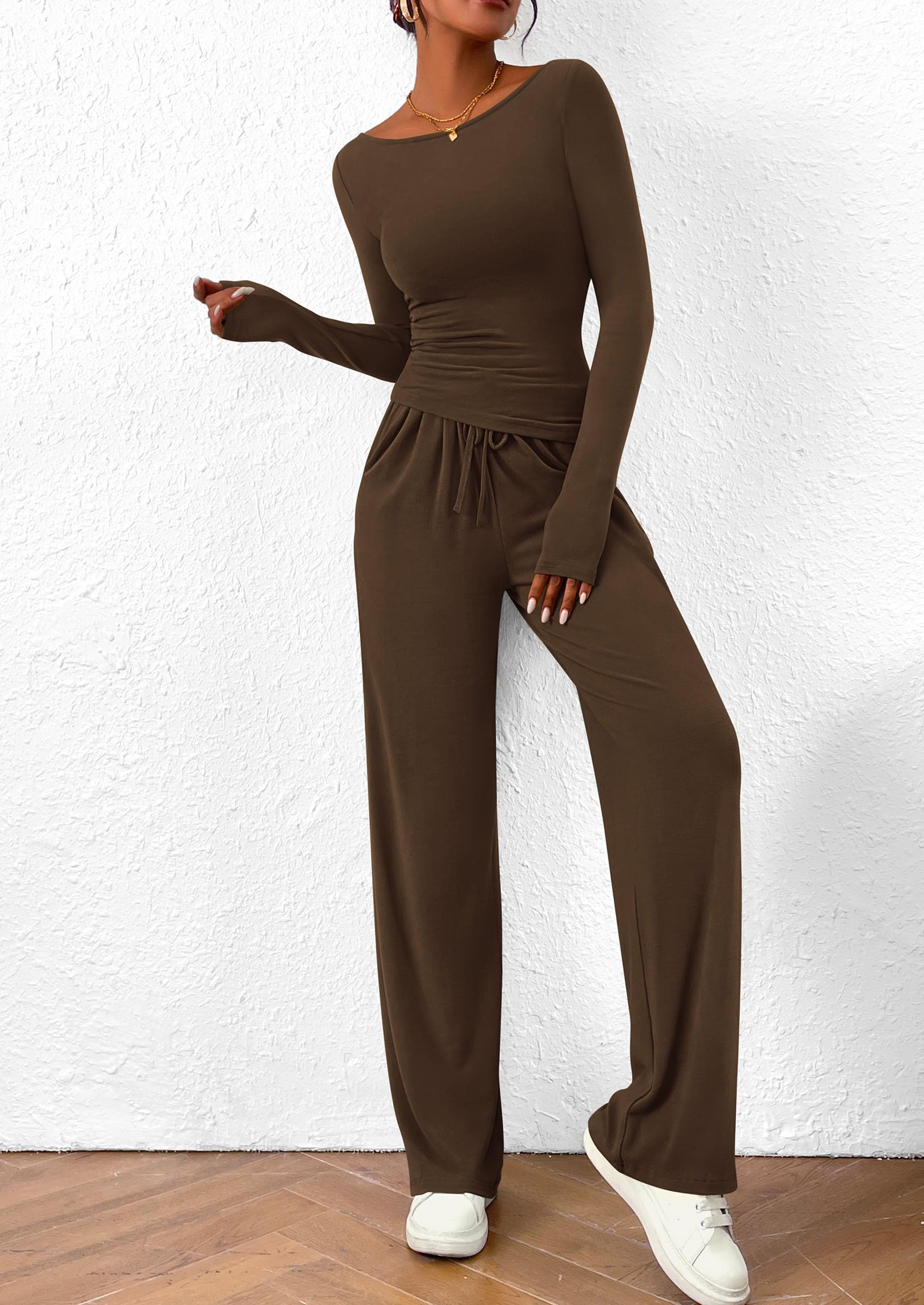 Women's 2 Piece Lounge Sets Airport Outfits(Brown,XS)