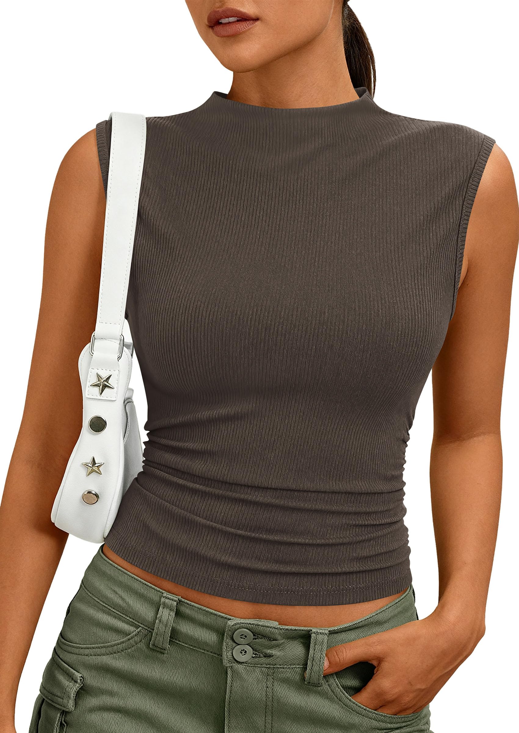 Women's Sleeveless Mock Neck Ribbed Tank Top,Brown,S