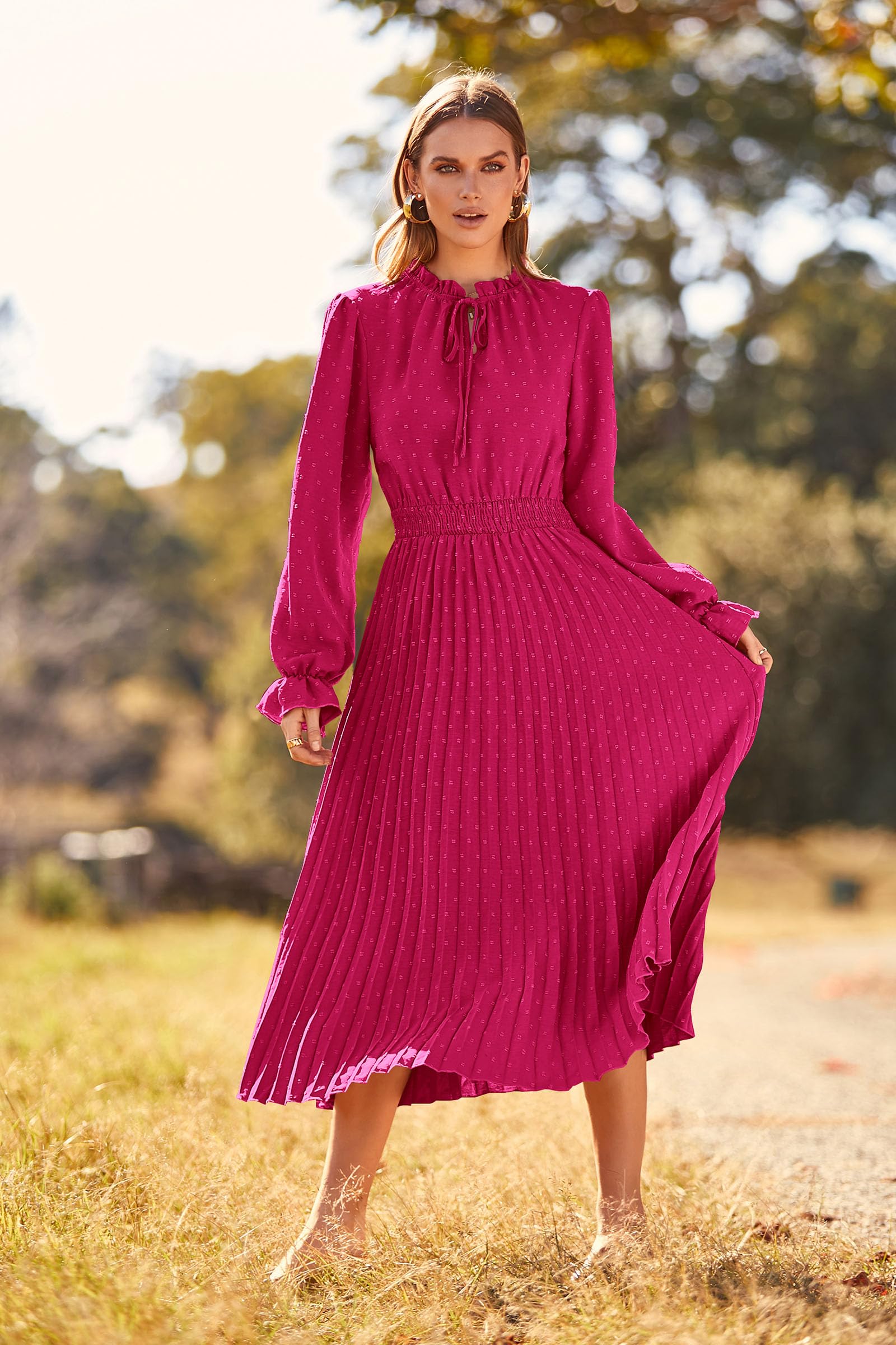 Women's Fall Midi Wedding Guest Dress(Rose Red,Small)