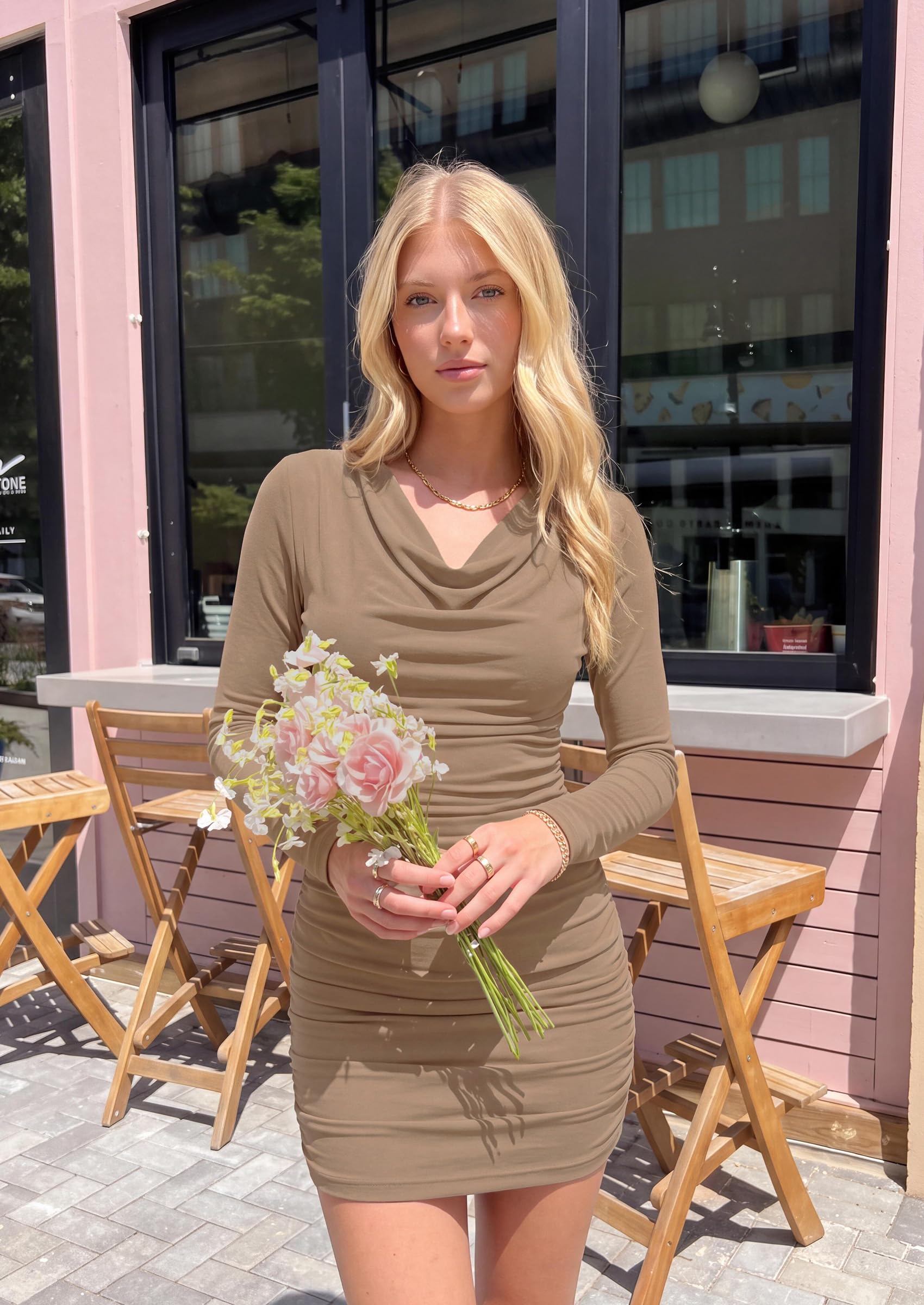 Women's Bodycon Mini Long Sleeve Cowl Neck Dress, Khaki,XS
