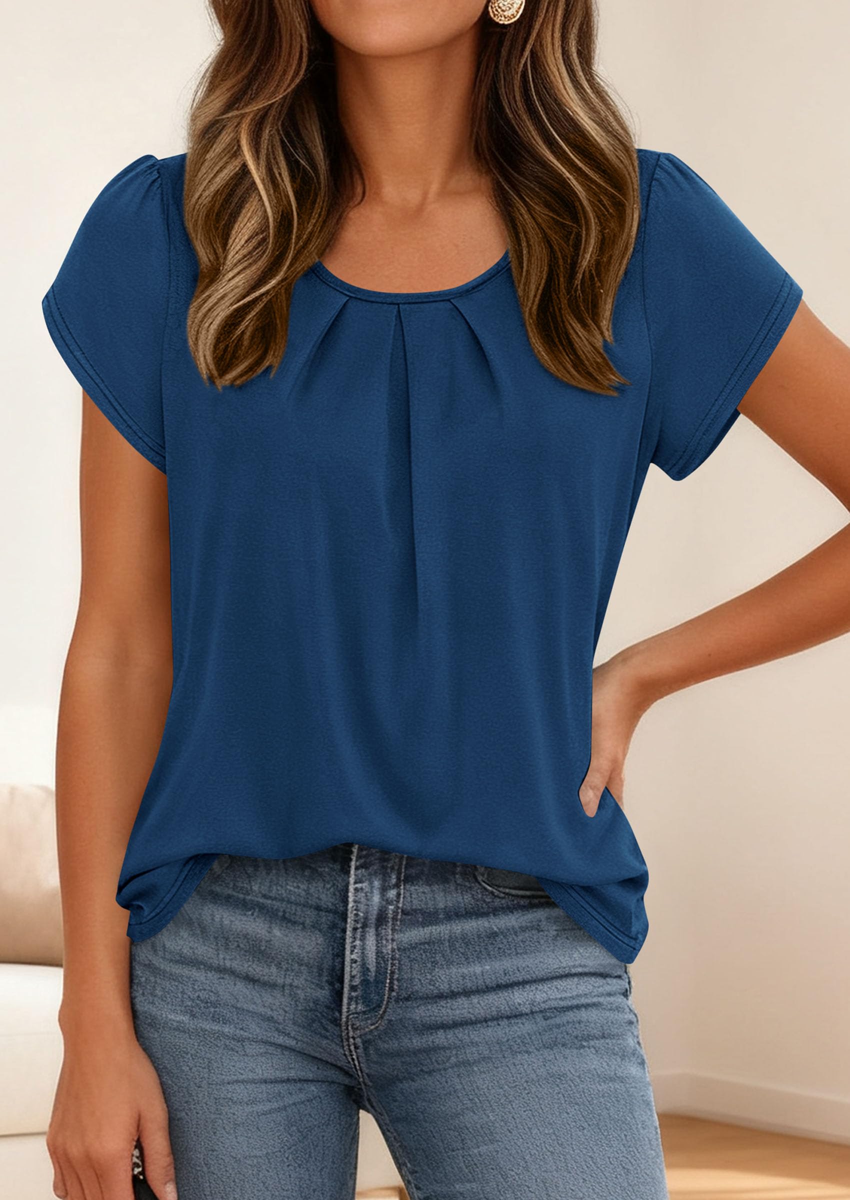 Women's Summer Short Sleeve Tops Casual Blouses,Dark Blue,S