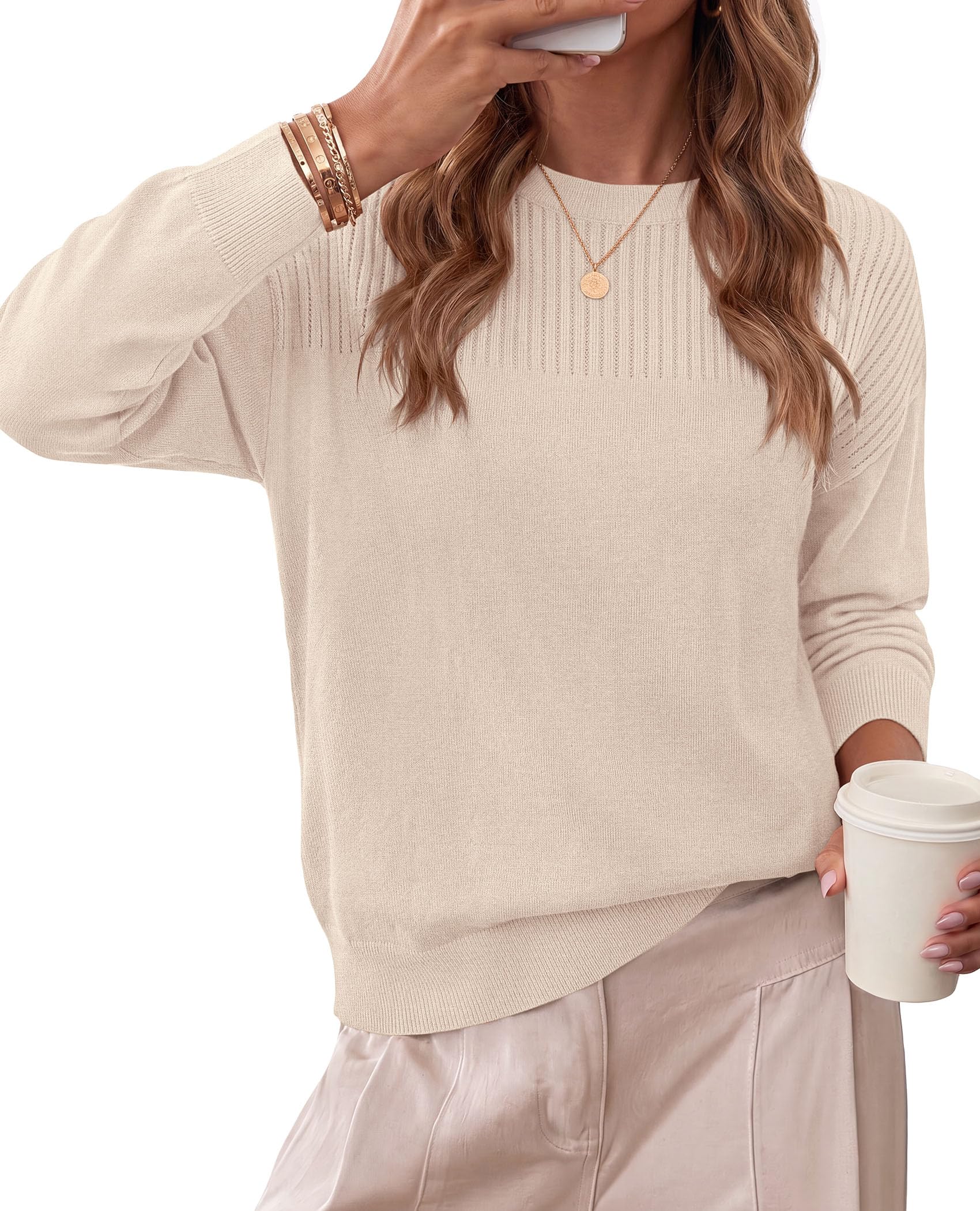Sweaters for Women Fall Crewneck Knit Cropped Sweater Apricot