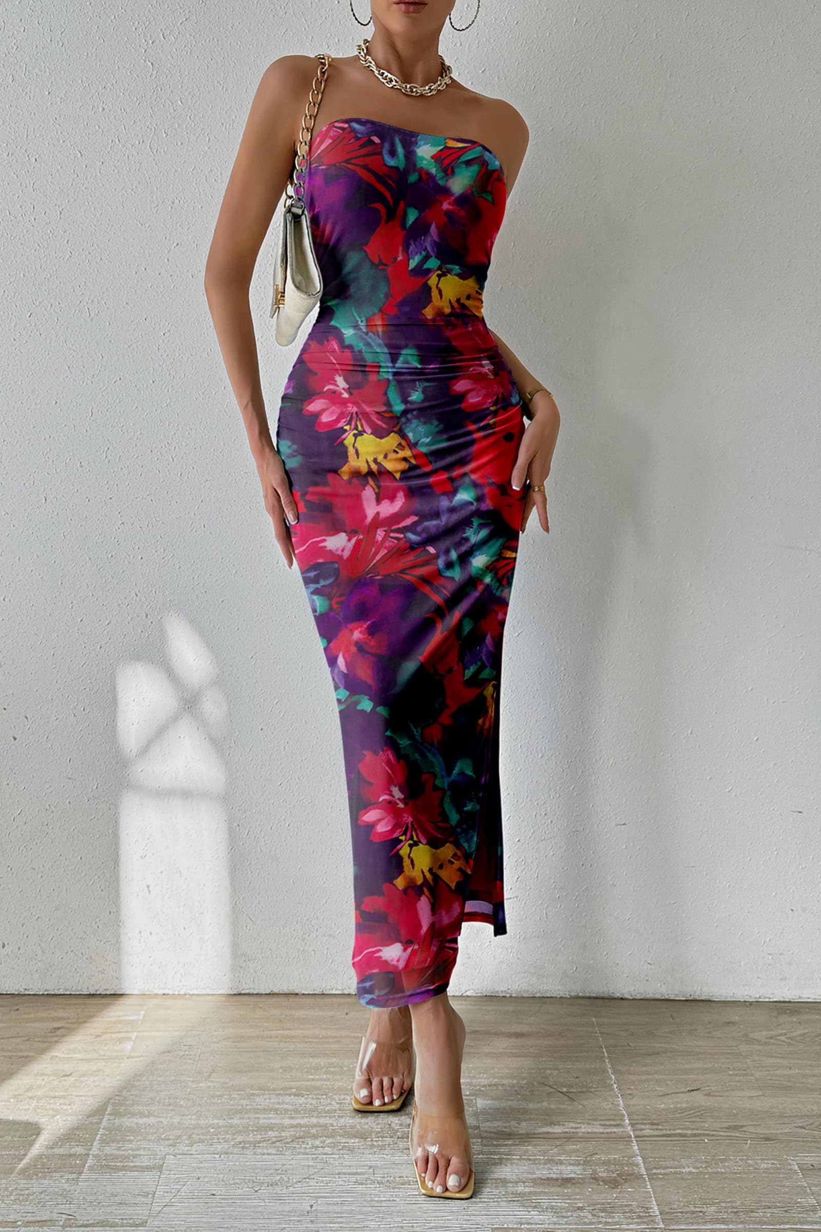 Womens Strapless Bodycon Maxi Dress, Navy Red Big Floral,S